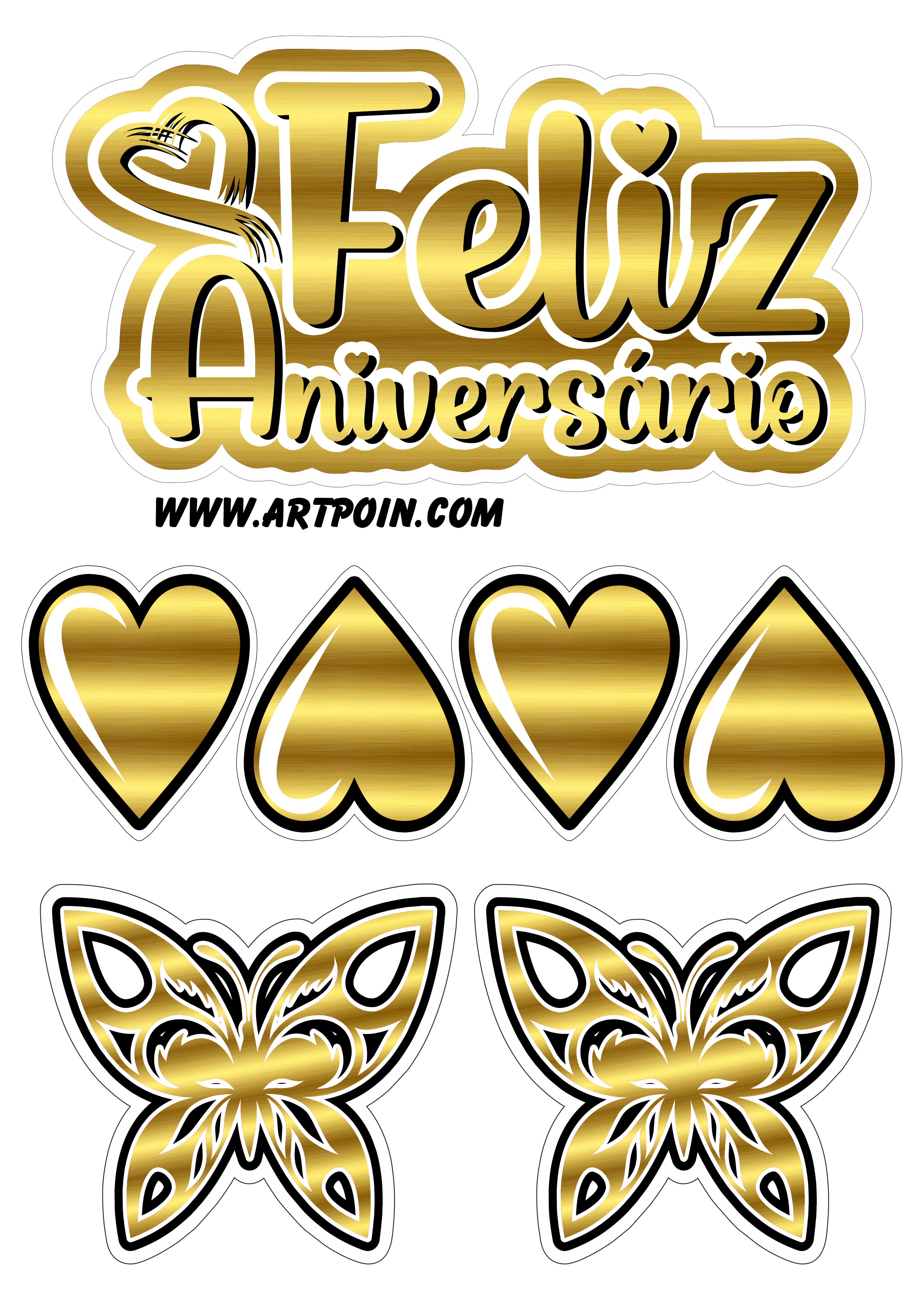 Topo de bolo dourado com corações e borboletas feliz aniversário decoração de festa temática png