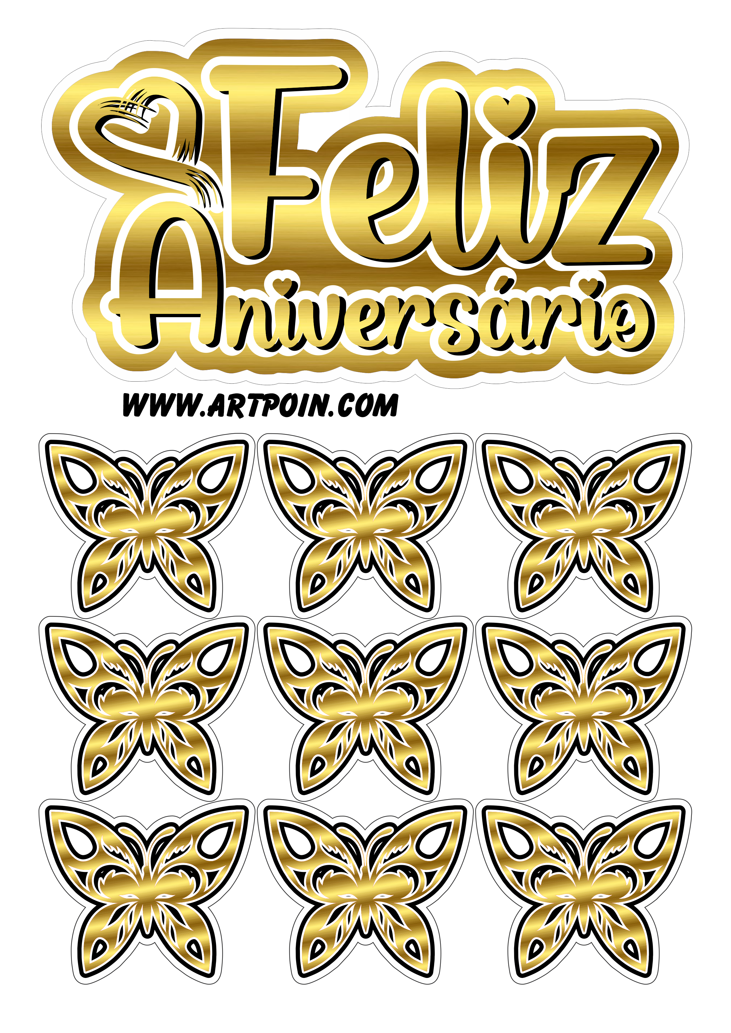 Topo de bolo dourado com borboletas feliz aniversário decoração de festa temática confeitaria personalizada png