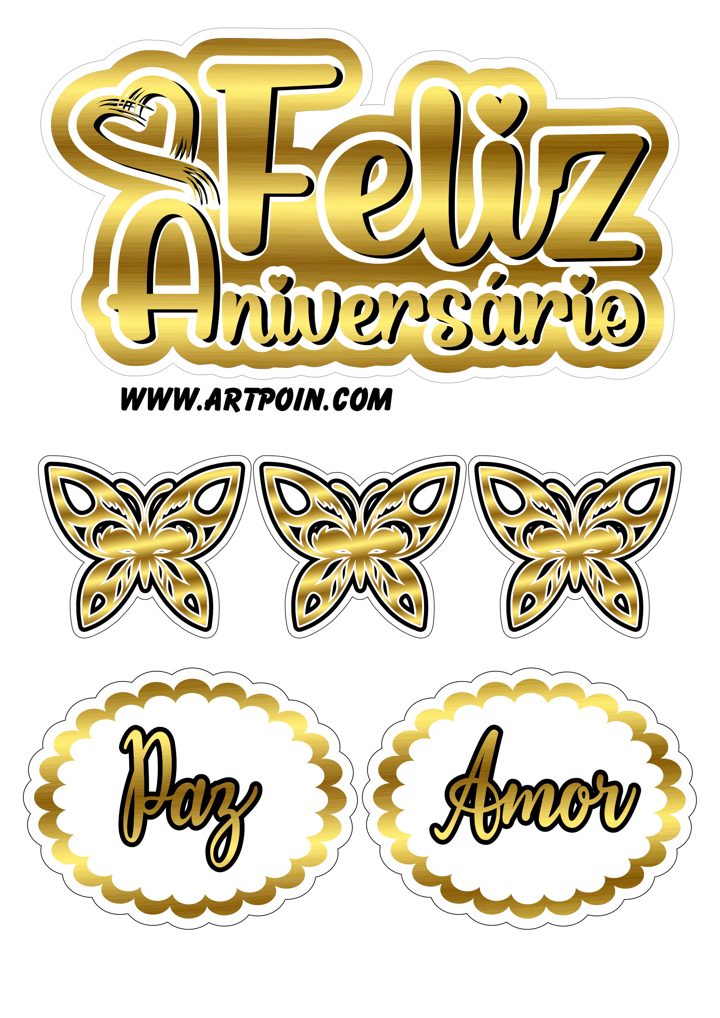 Topo de bolo dourado com borboletas e frases feliz aniversário decoração de festa temática confeitaria personalizada png