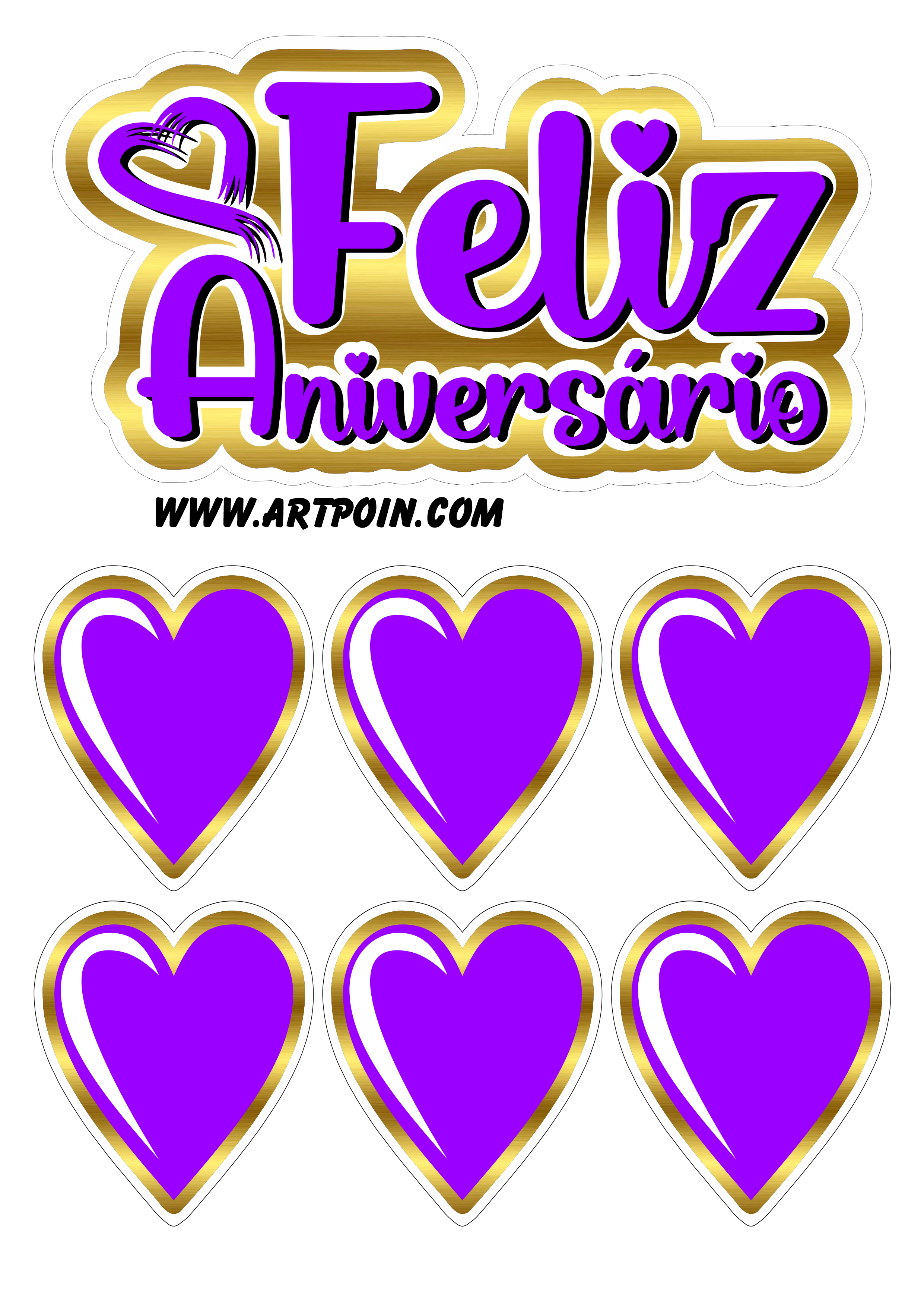 Topo de bolo dourado com lilás corações feliz aniversário decoração de festa temática confeitaria personalizada png