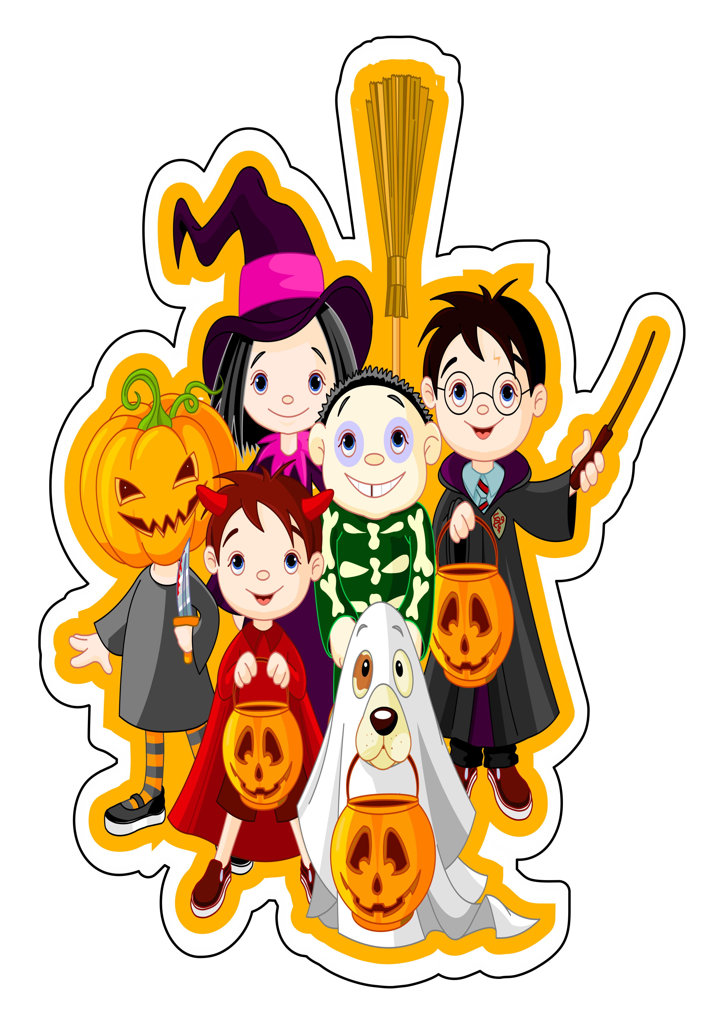 Halloween crianças fantasiadas contorno desenho simples gostosuras ou travessuras fundo transparente png