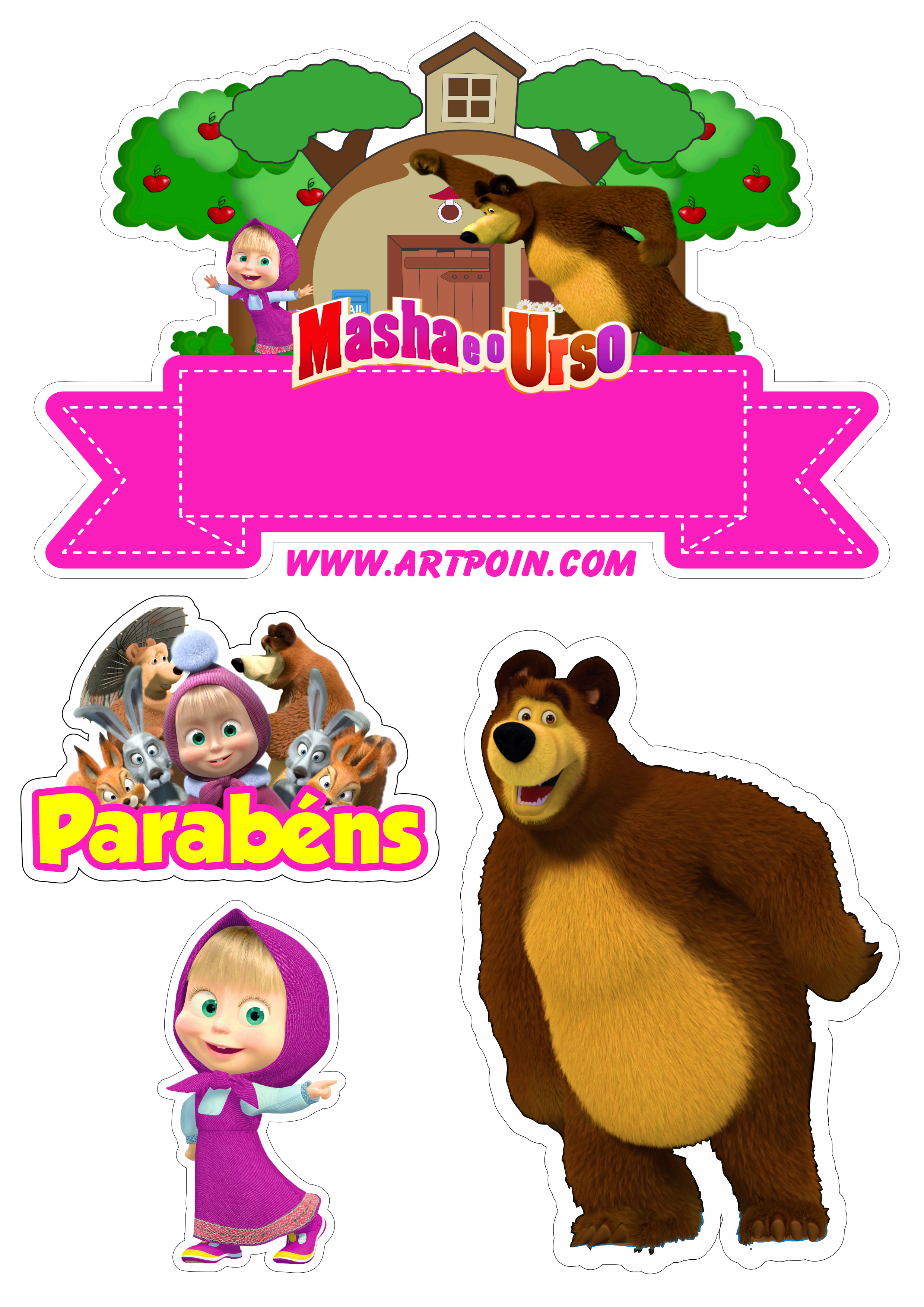 Topo de bolo para imprimir Masha e o Urso animais flores casinha no bosque pack de imagens para festa png