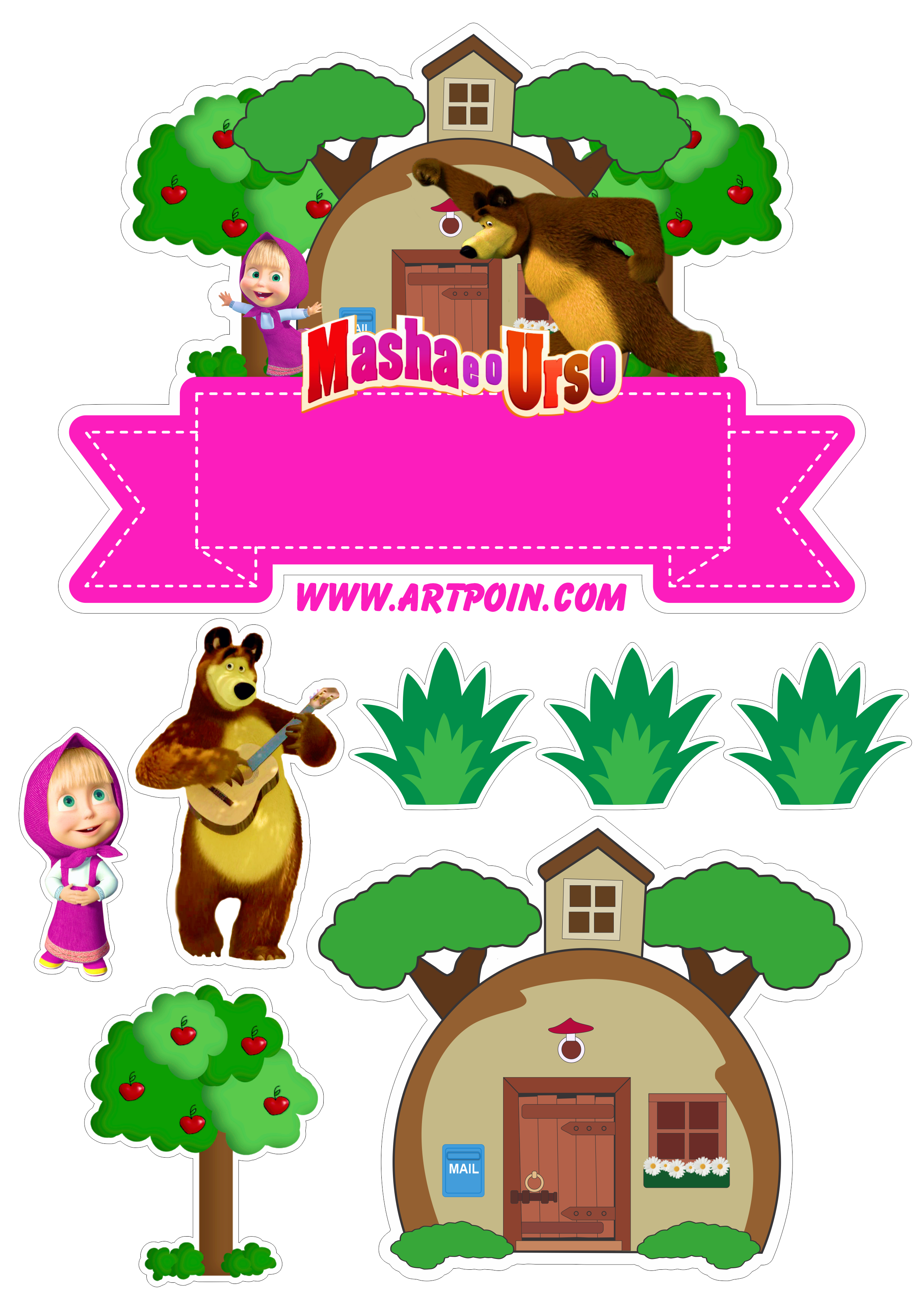 Topo de bolo para imprimir Masha e o Urso animais flores casinha no bosque pack de imagens para festa artes gráficas png