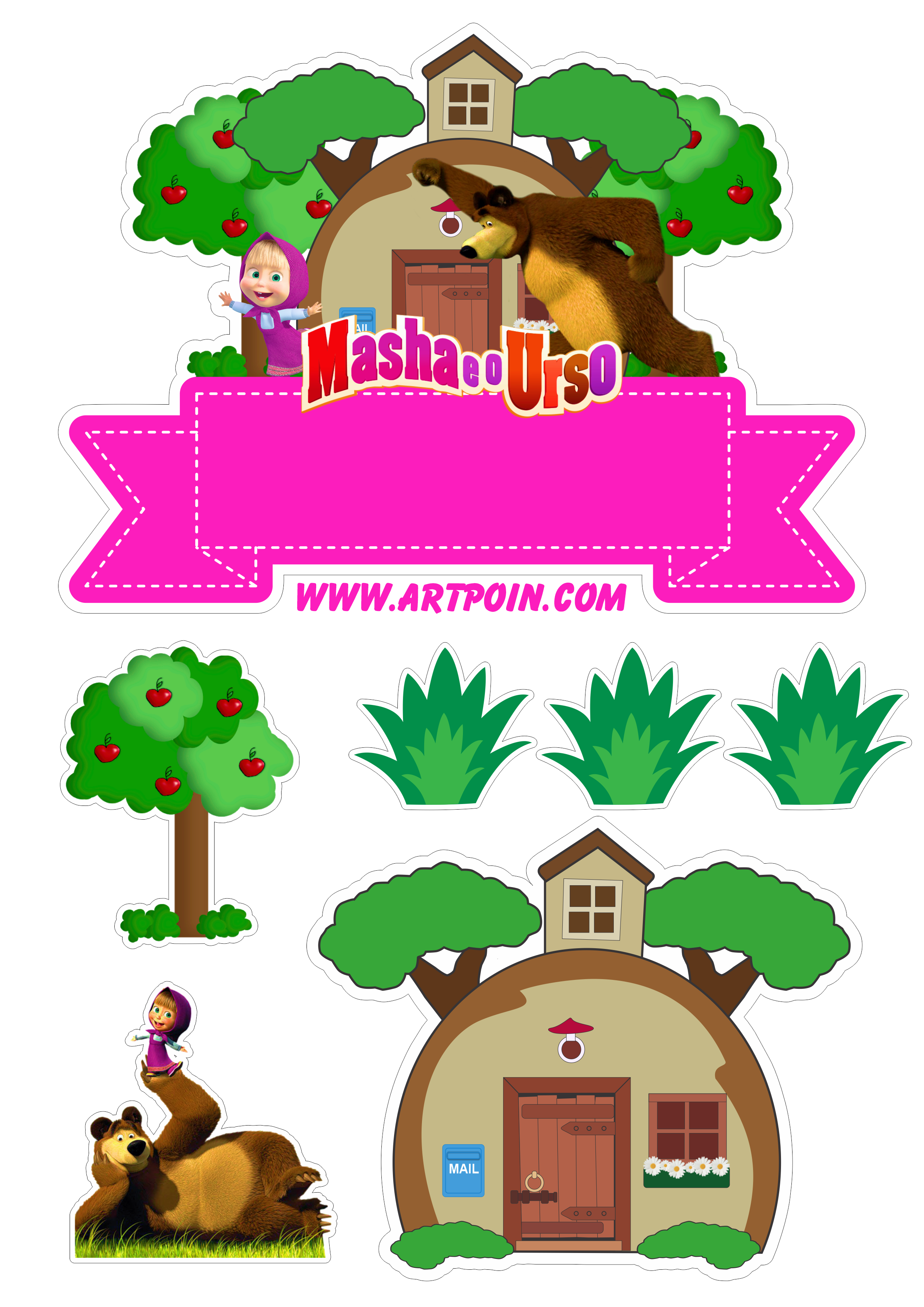 Topo de bolo para imprimir Masha e o Urso animais flores casinha no bosque pack de imagens para festa decoração png