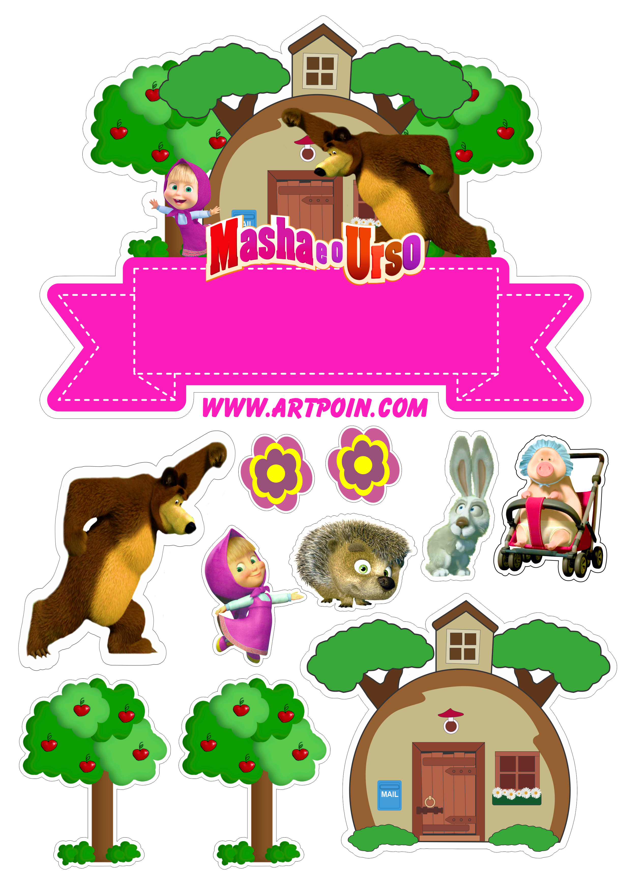 Topo de bolo para imprimir Masha e o Urso animais flores casinha no bosque feliz aniversário png