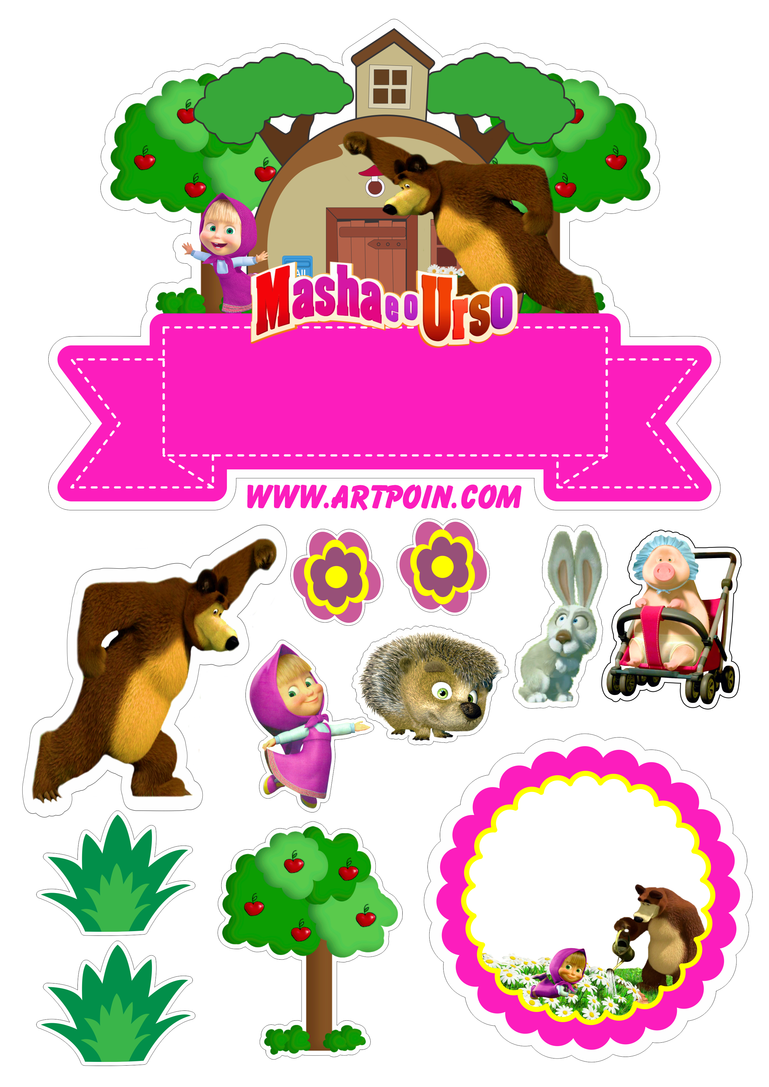 Topo de bolo para imprimir Masha e o Urso animais flores casinha no bosque feliz aniversário renda extra png