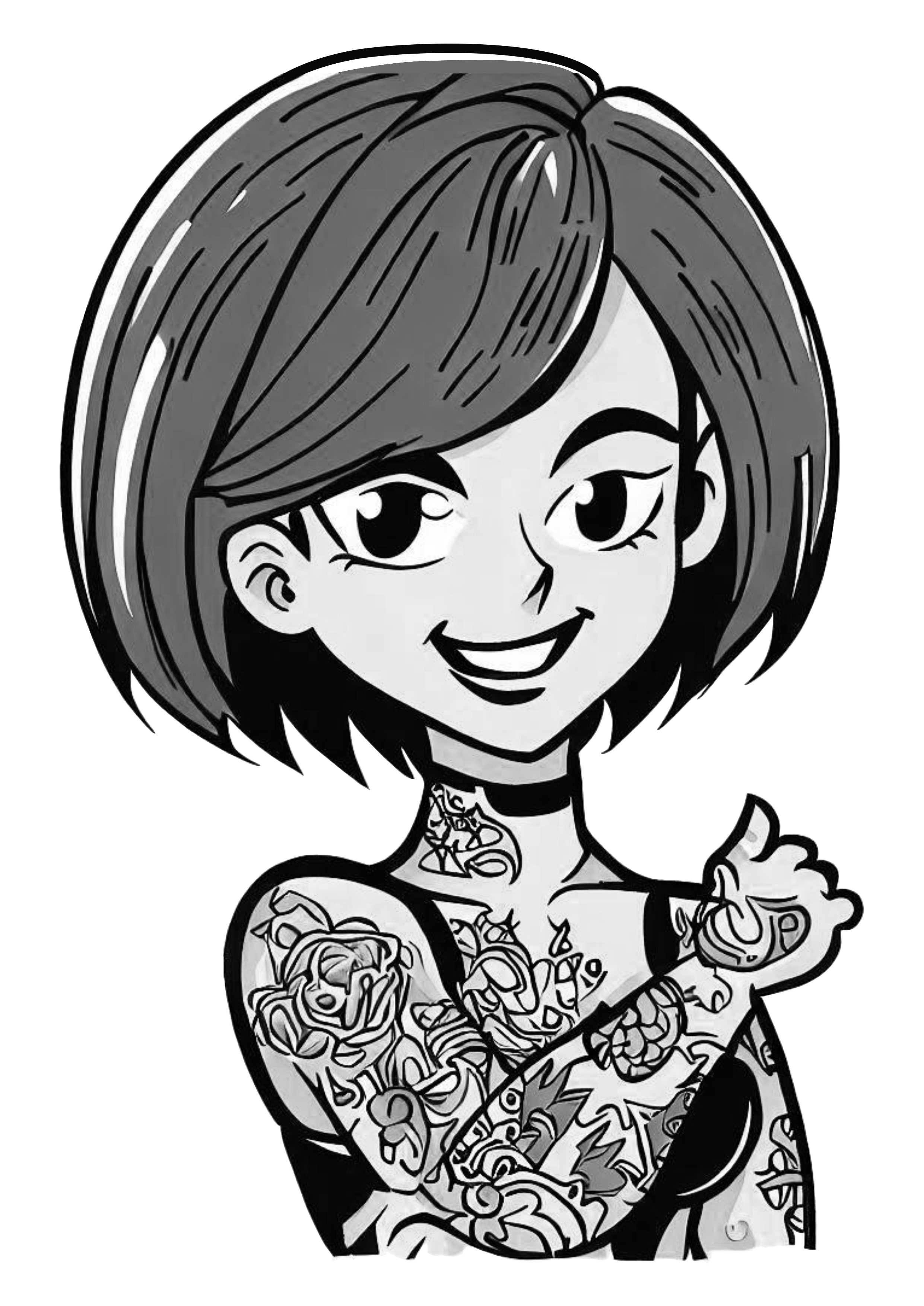 Mulher tatuada desenho simples tatuagem cabelo linda preto e branco png