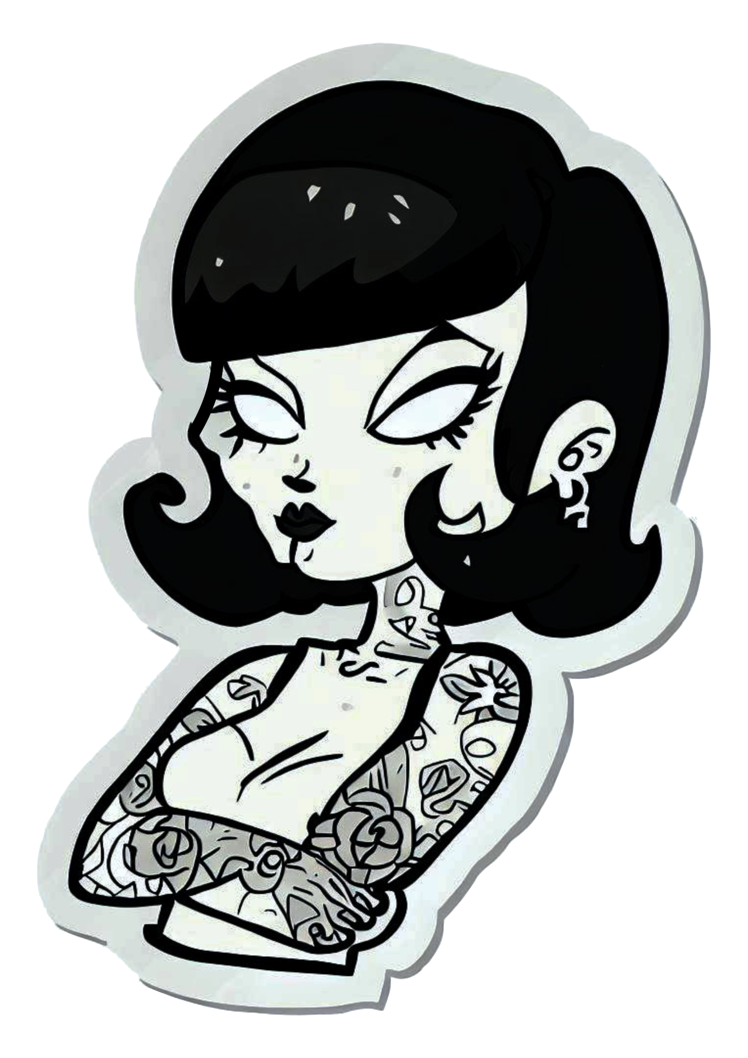 Mulher tatuada desenho simples tatuagem cabelo preto e branco ilustração png