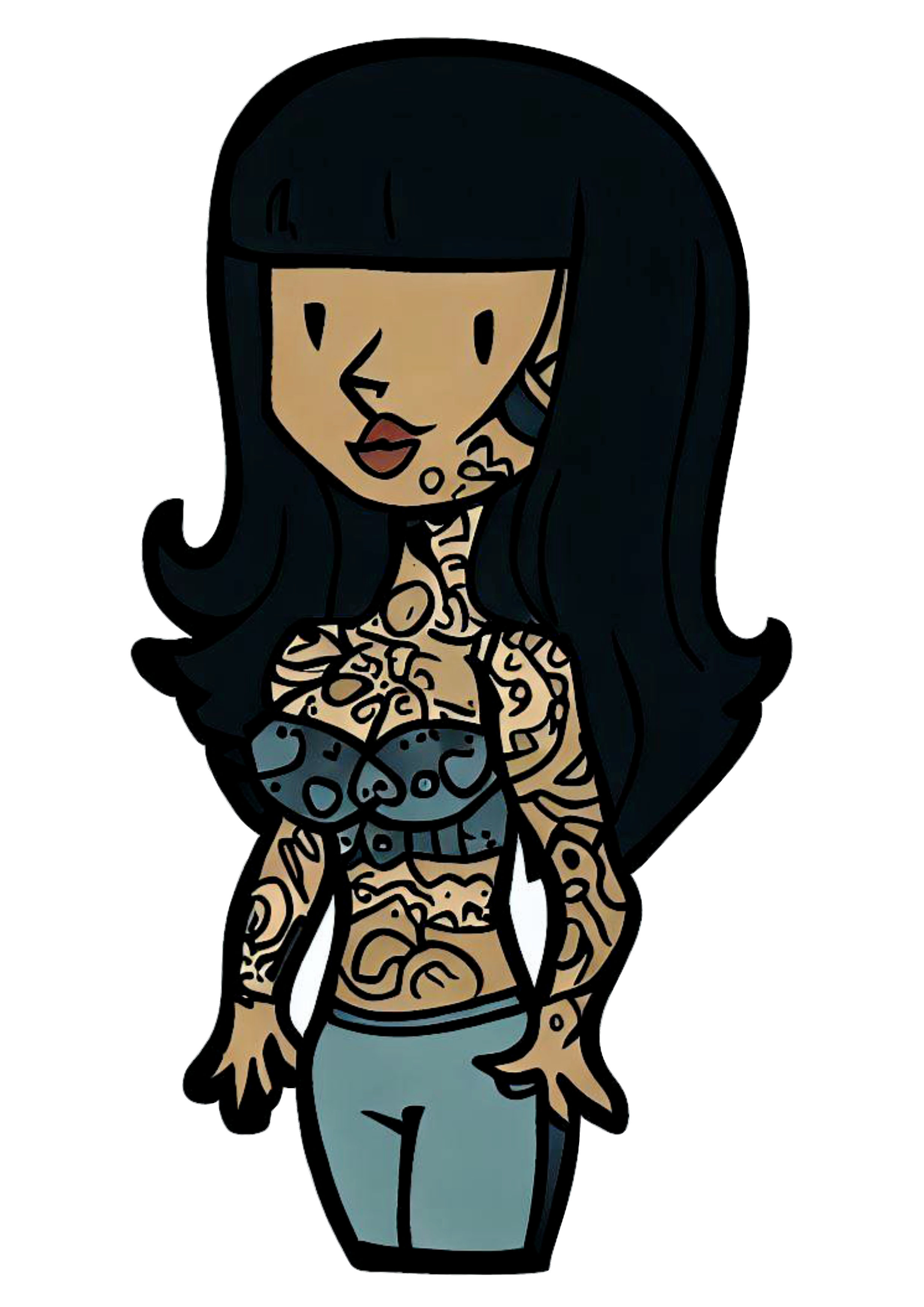 Mulher morena e cabelo liso tatuada imagem desenho simples colorido ilustração  png