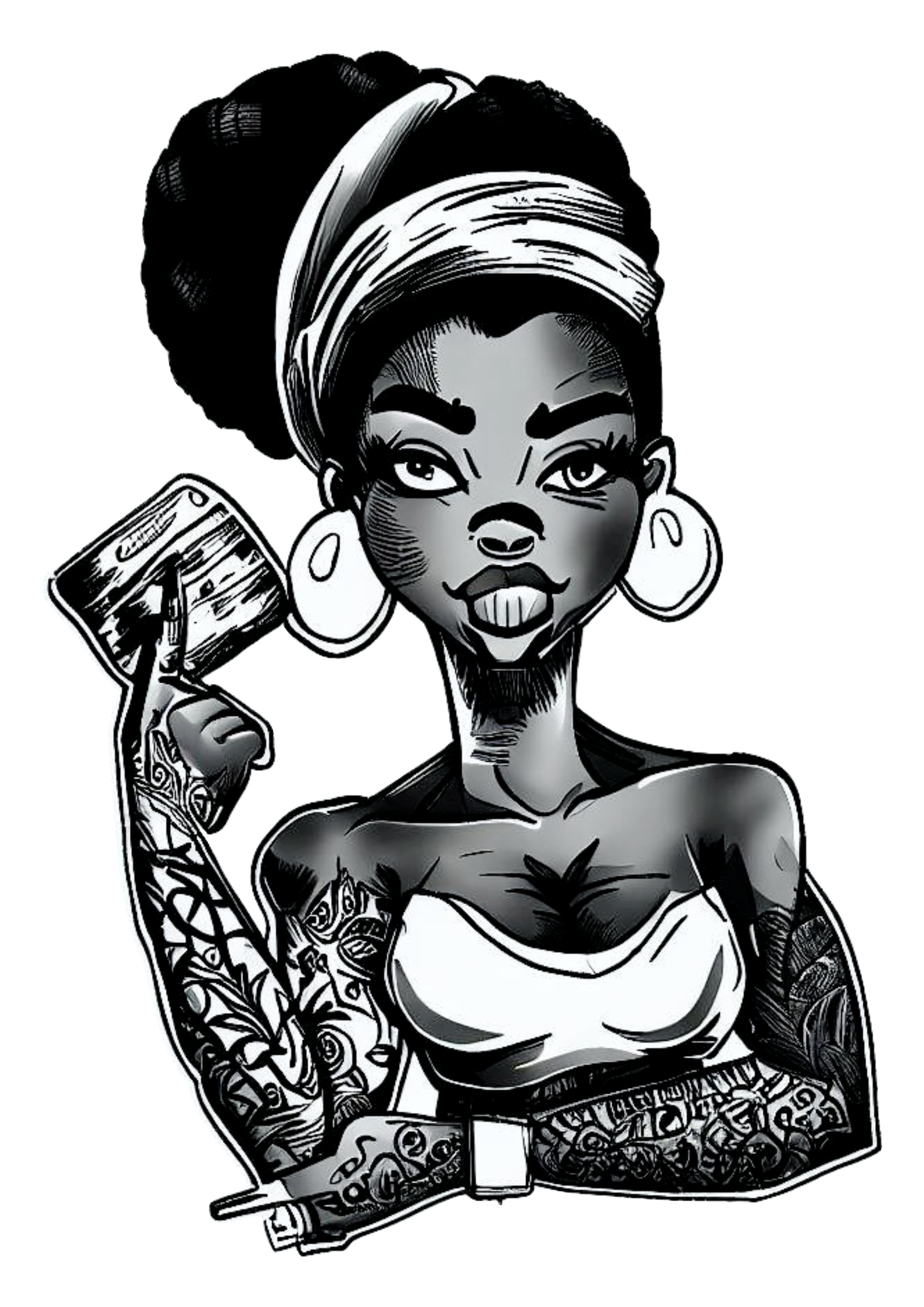 Mulher empoderada  negra tatuada feminista desenho simples preto e branco ilustração tatuagem png