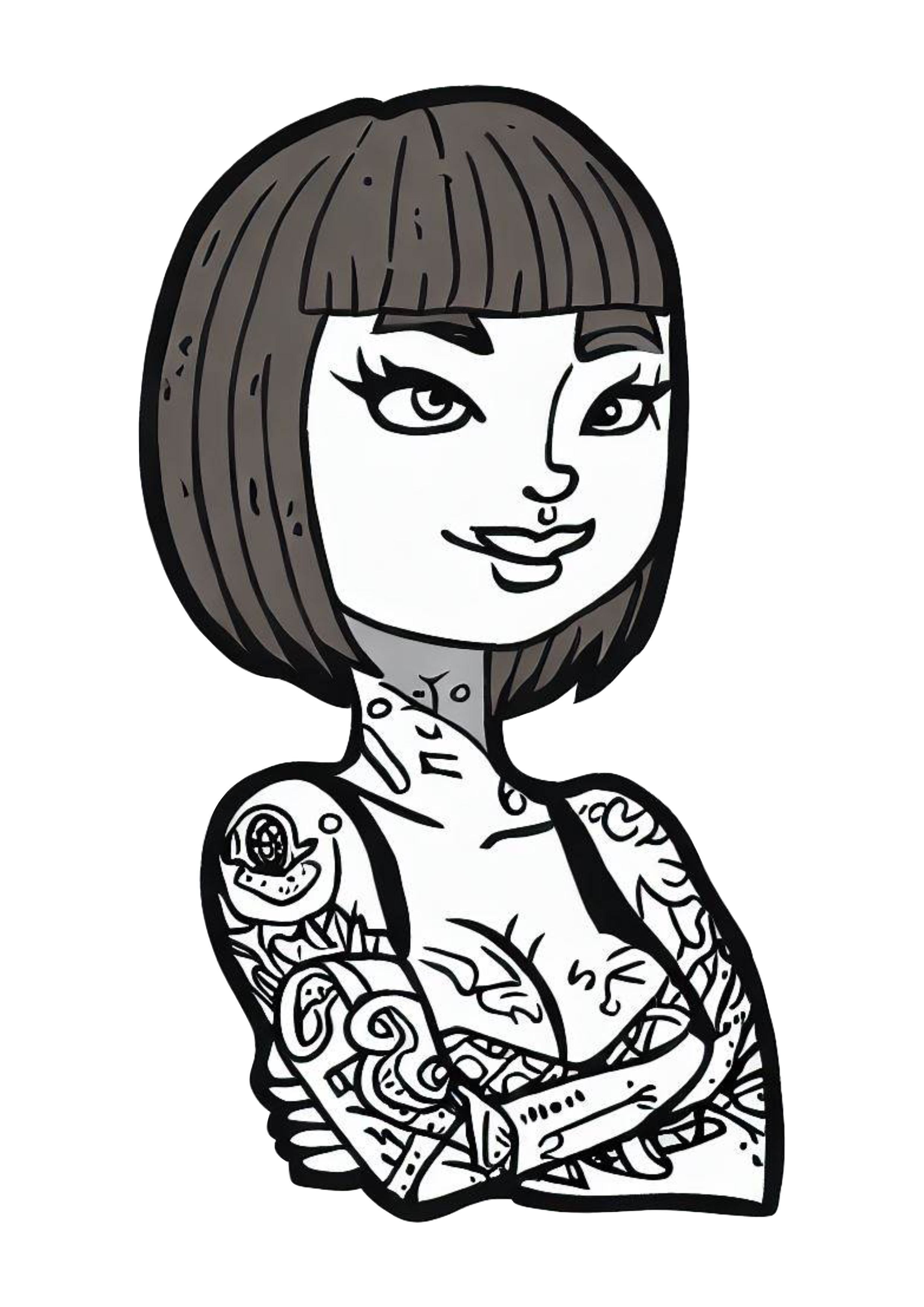 Mulher empoderada cabelo curto tatuada feminista desenho simples preto e branco ilustração tatuagem png