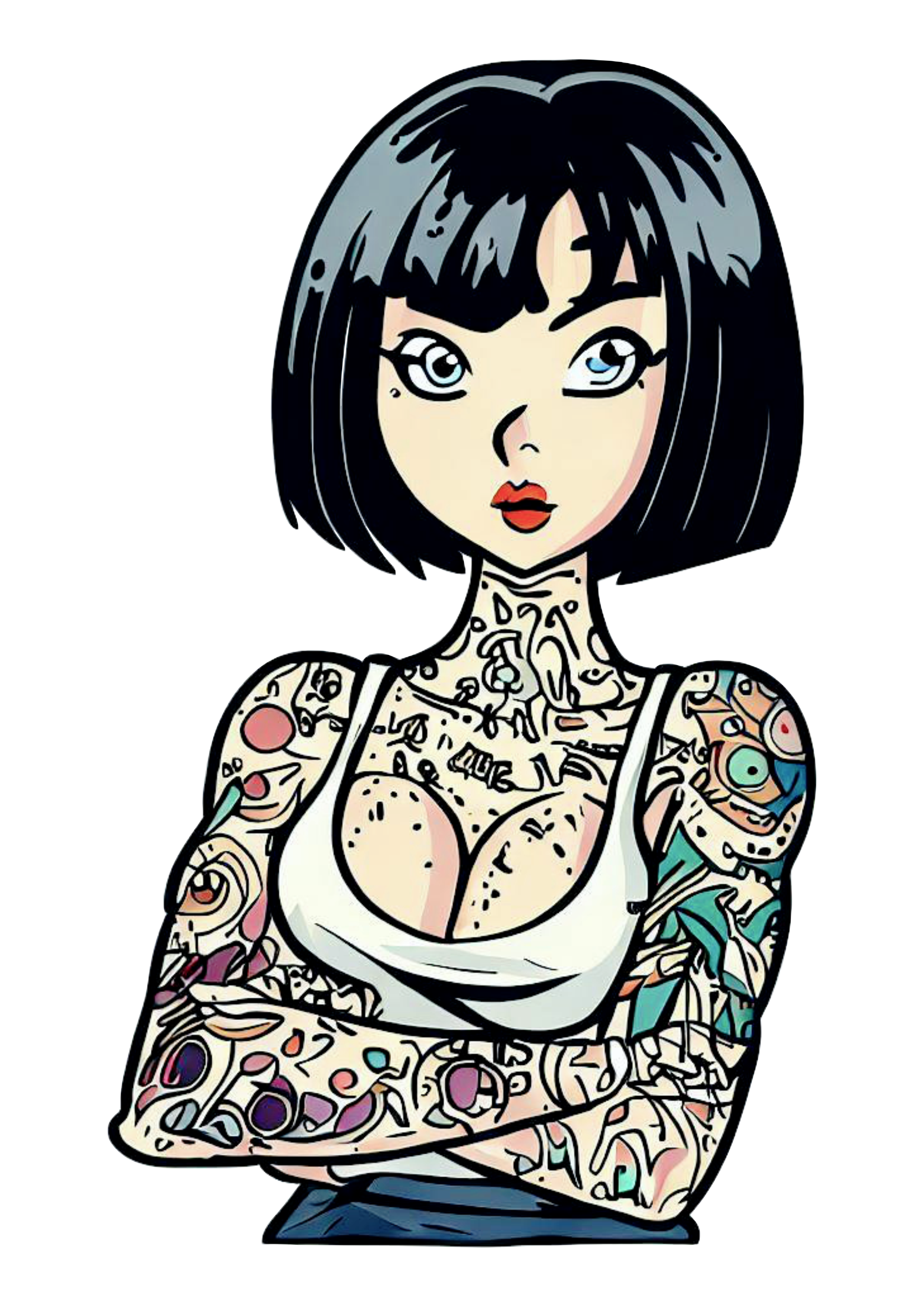 Mulher empoderada cabelo curto tatuada oriental anime desenho simples ilustração tatuagem colorida png