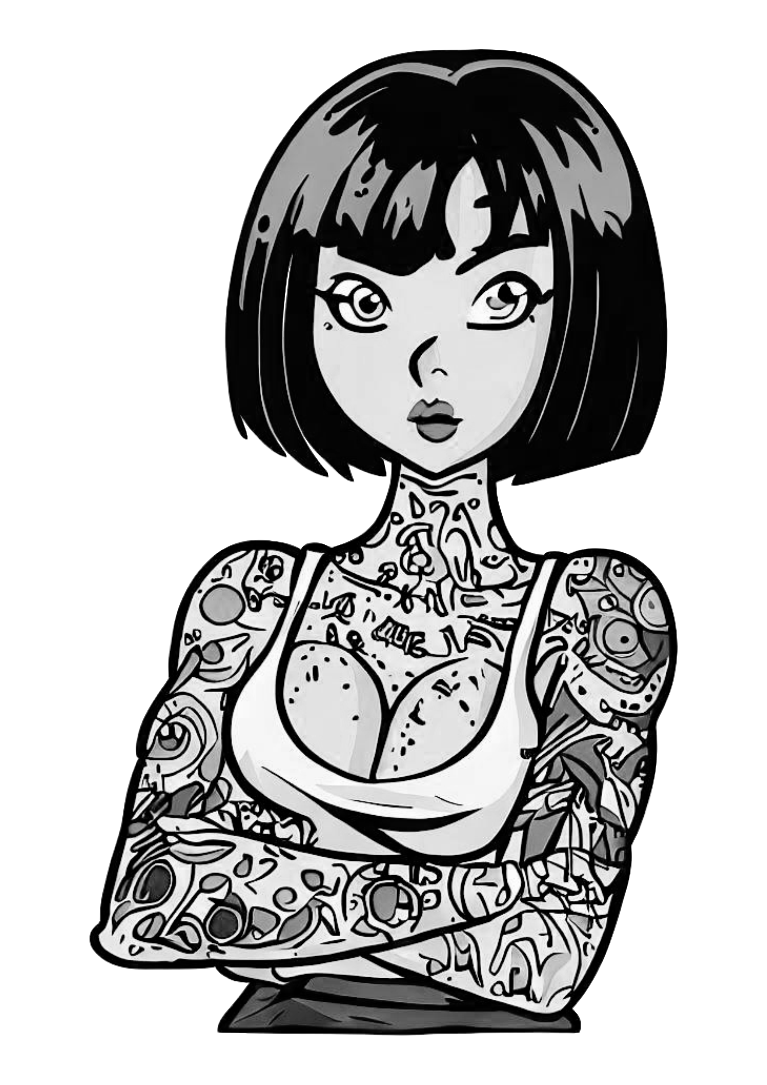 Mulher empoderada cabelo curto tatuada oriental anime desenho simples preto e branco ilustração tatuagem design png