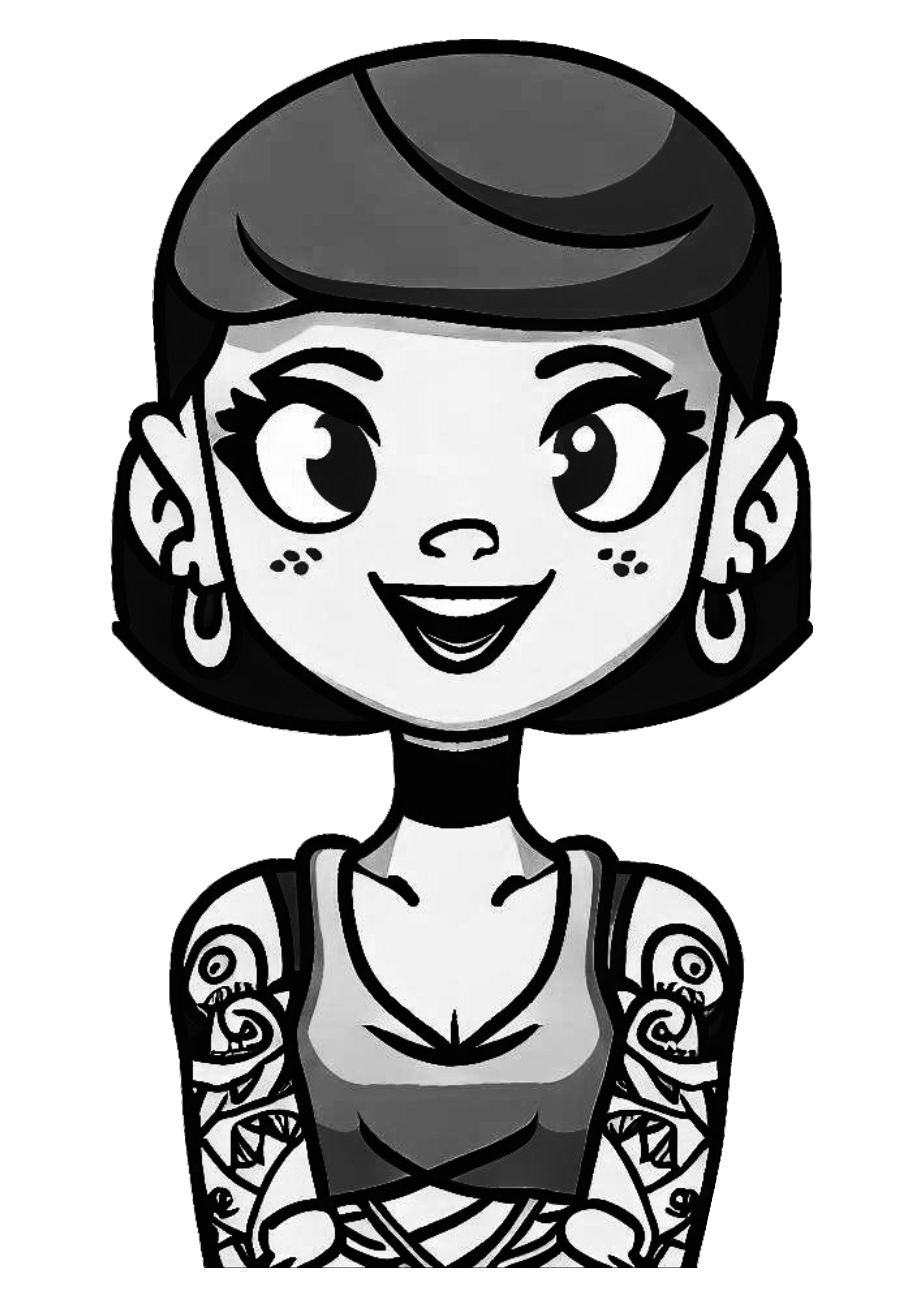 Mulher tatuada sorrindo desenho cartoon arte conceitual cabelo curto preto e branco png