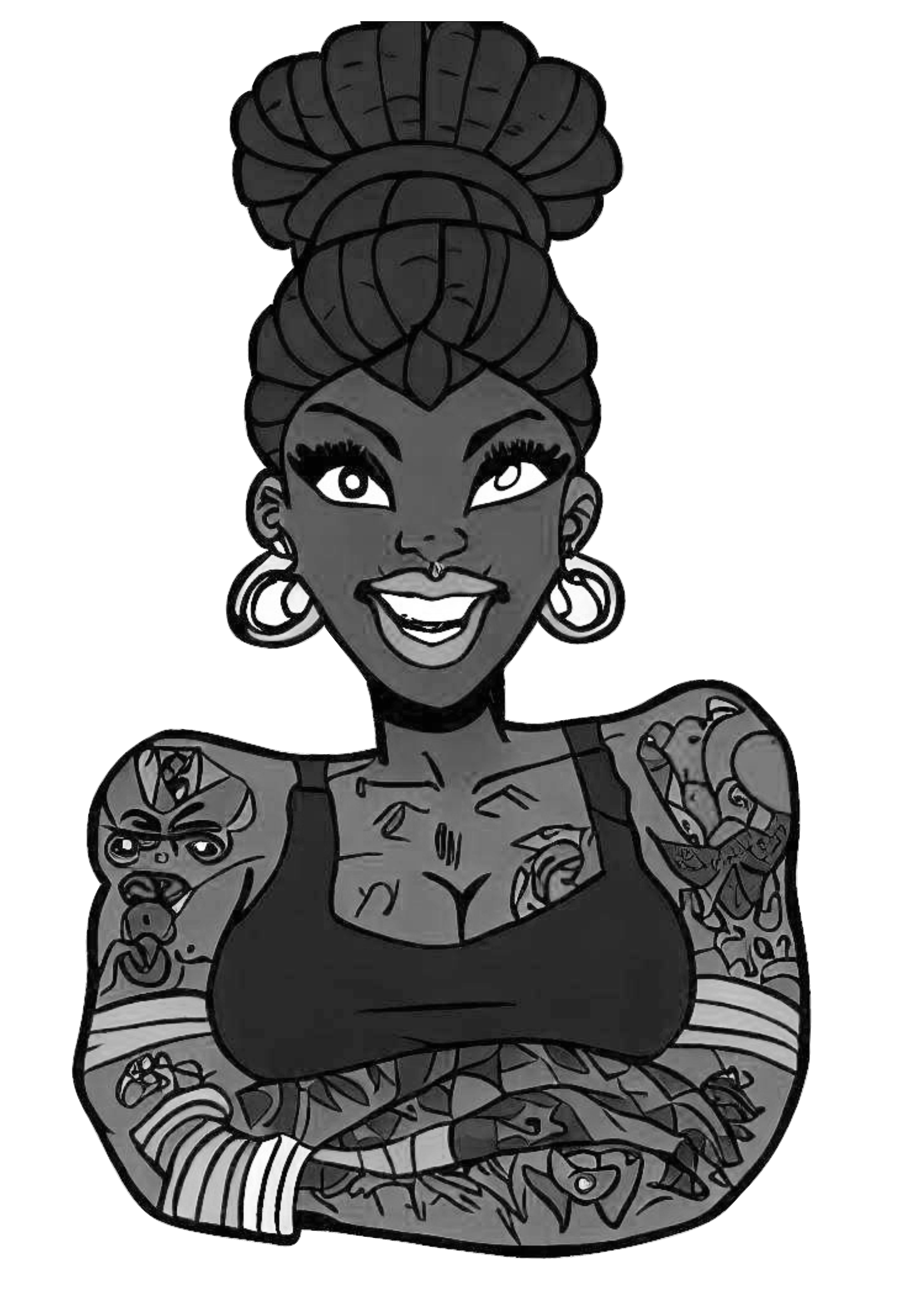 Mulher negra e sua beleza tatuada piercing obra de arte contemporânea preto e branco png