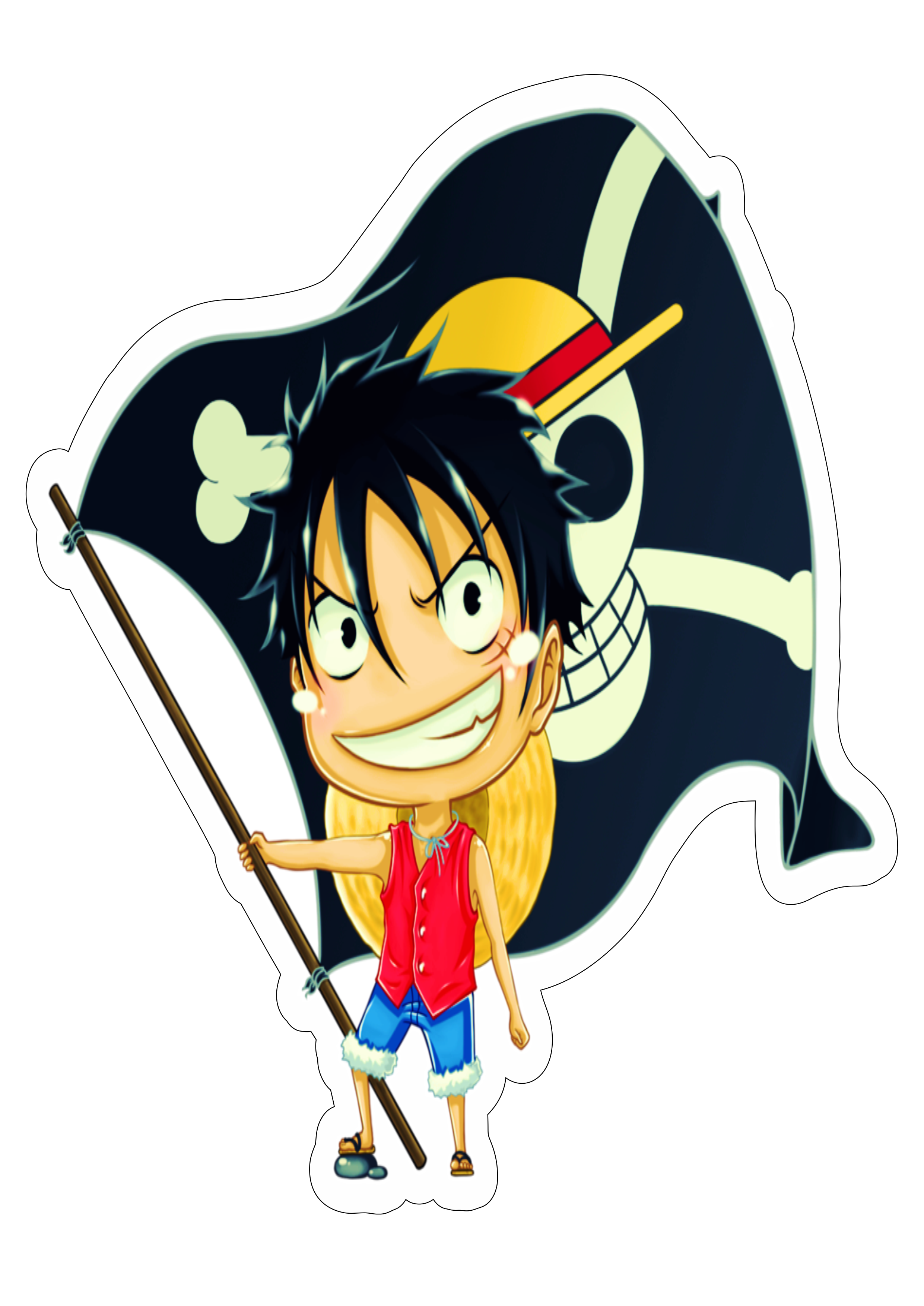One piece Luffy bandeira pirata desenho cute chibi anime japonês ilustração sticker artes gráficas ilustração png