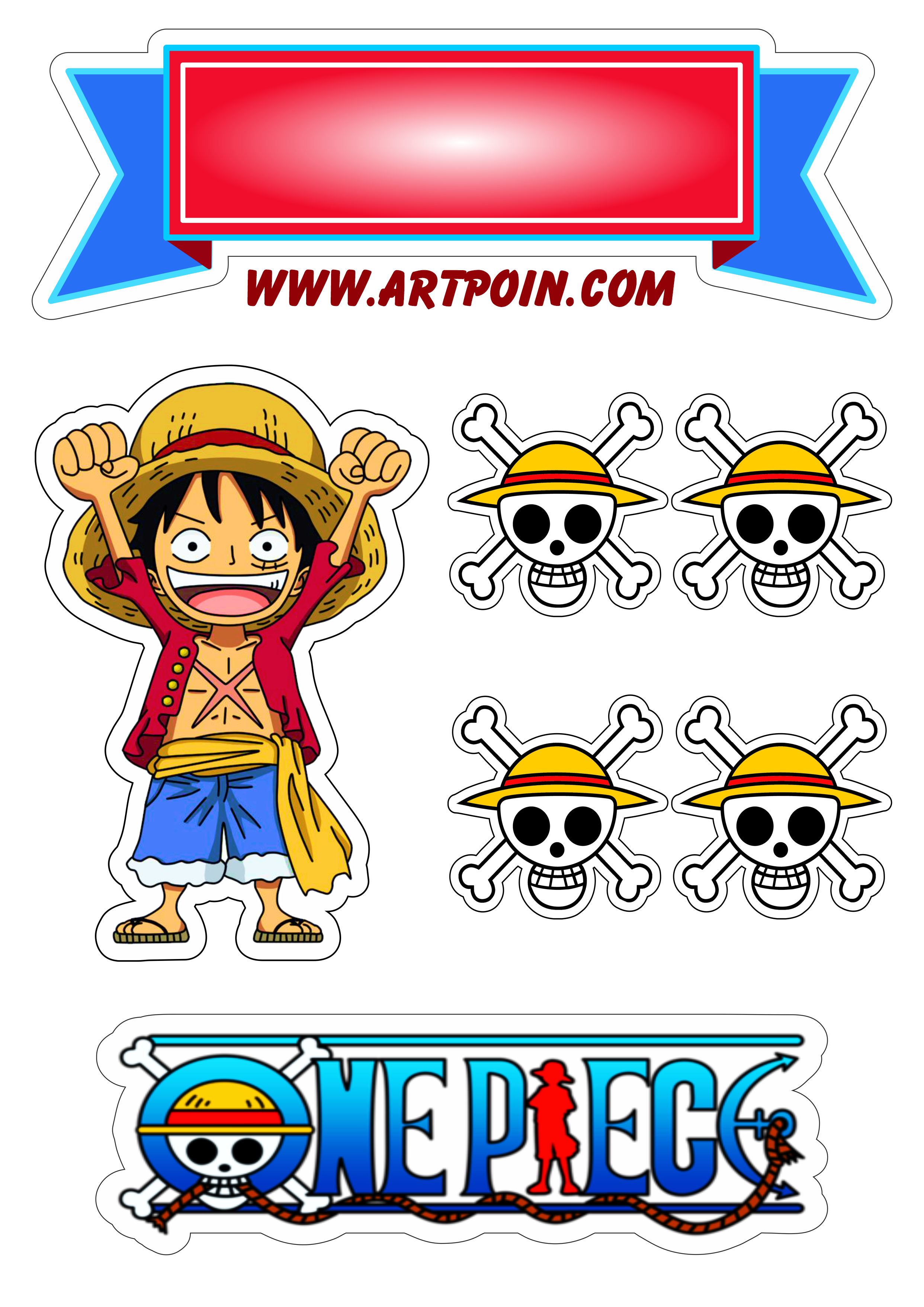 Topo de bolo para imprimir One Piece anime de piratas cute chibi aniversário infantil bandeira pirata png