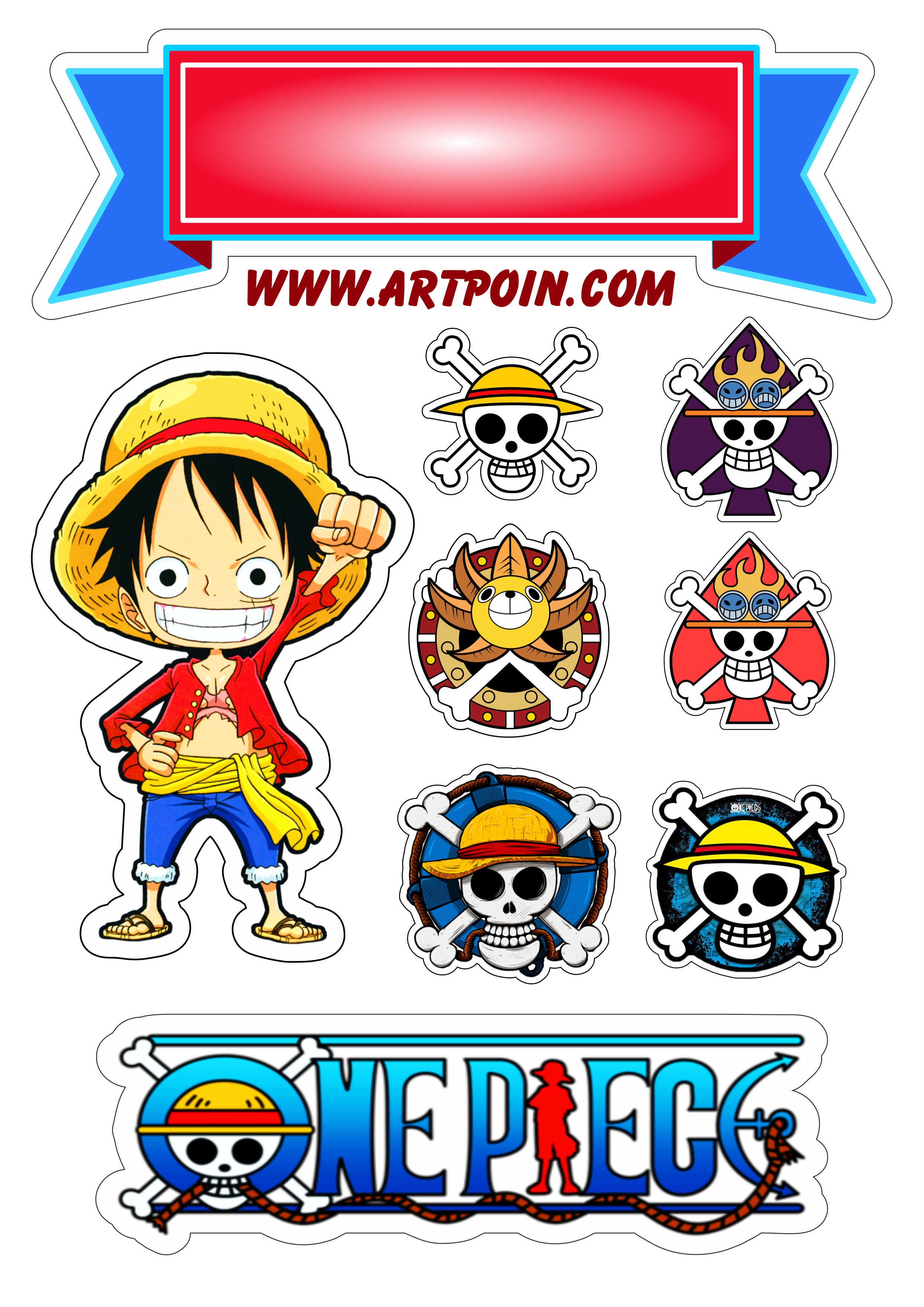 Topo de bolo para imprimir One Piece anime de piratas cute chibi aniversário infantil bandeira pirata artigos de papelaria png