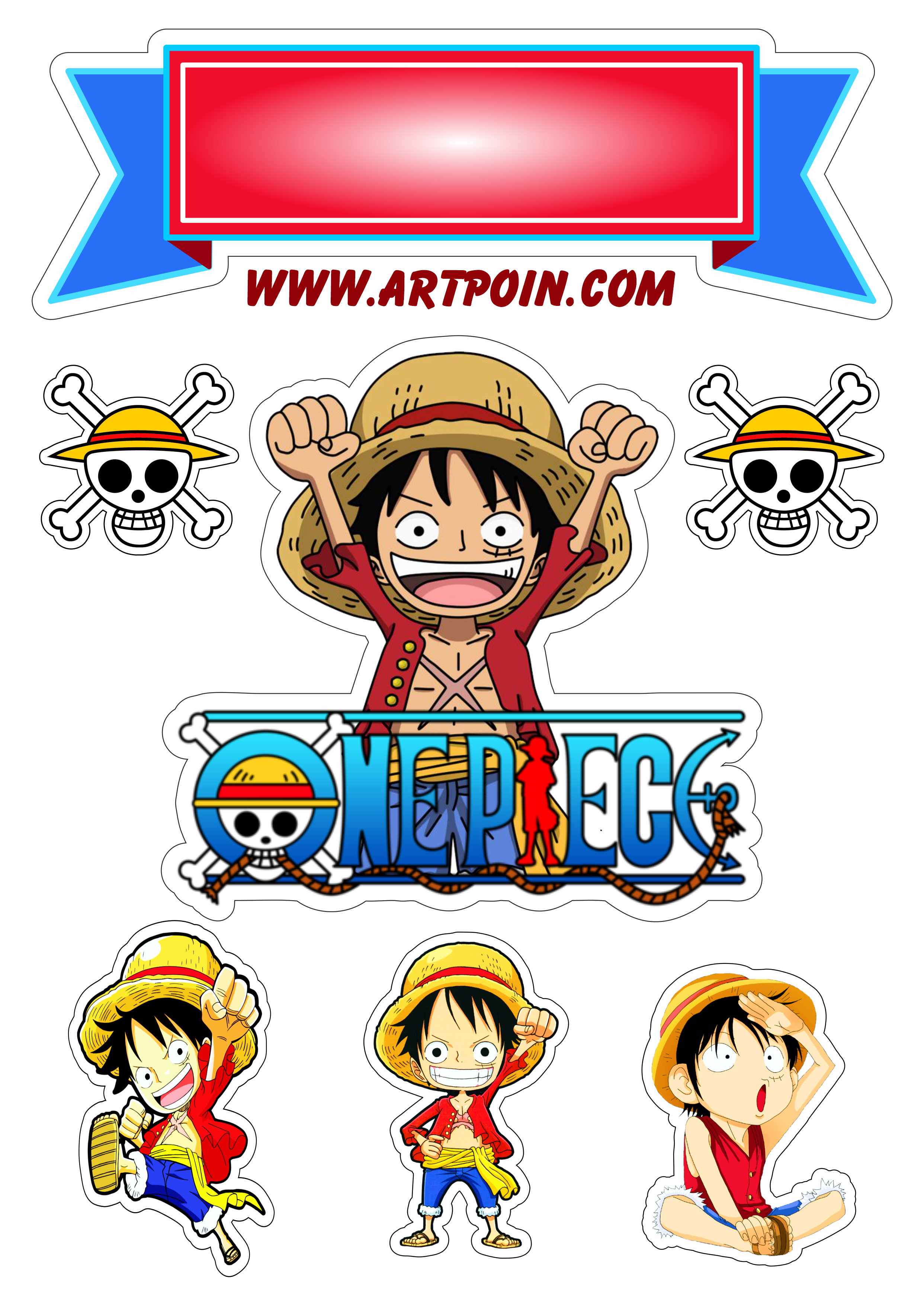 Topo de bolo para imprimir One Piece anime de piratas cute chibi aniversário infantil simbolo pirata artigos de papelaria design png