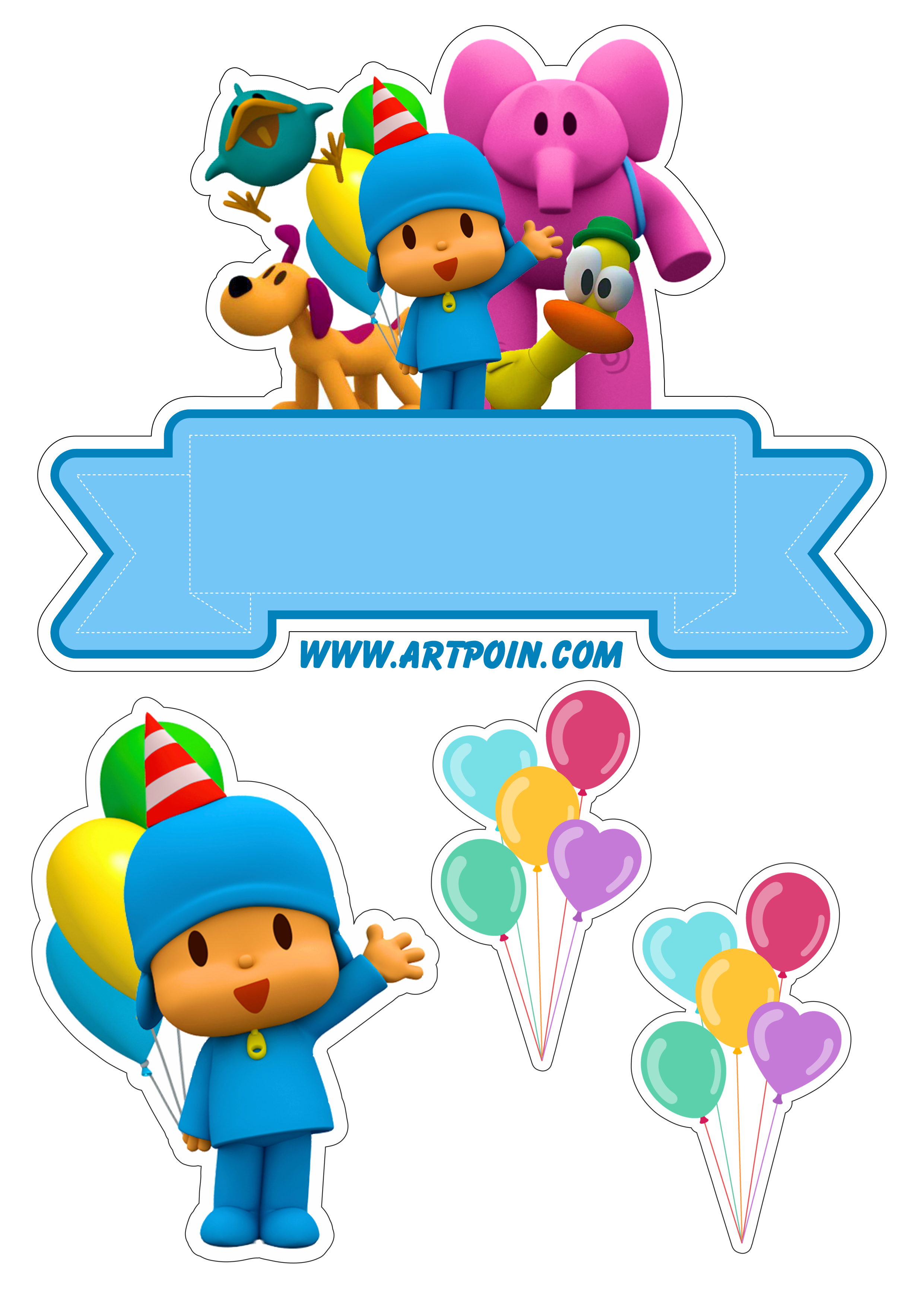 Topo de bolo para imprimir Pocoyo desenho infantil festa de aniversário balões decoração png