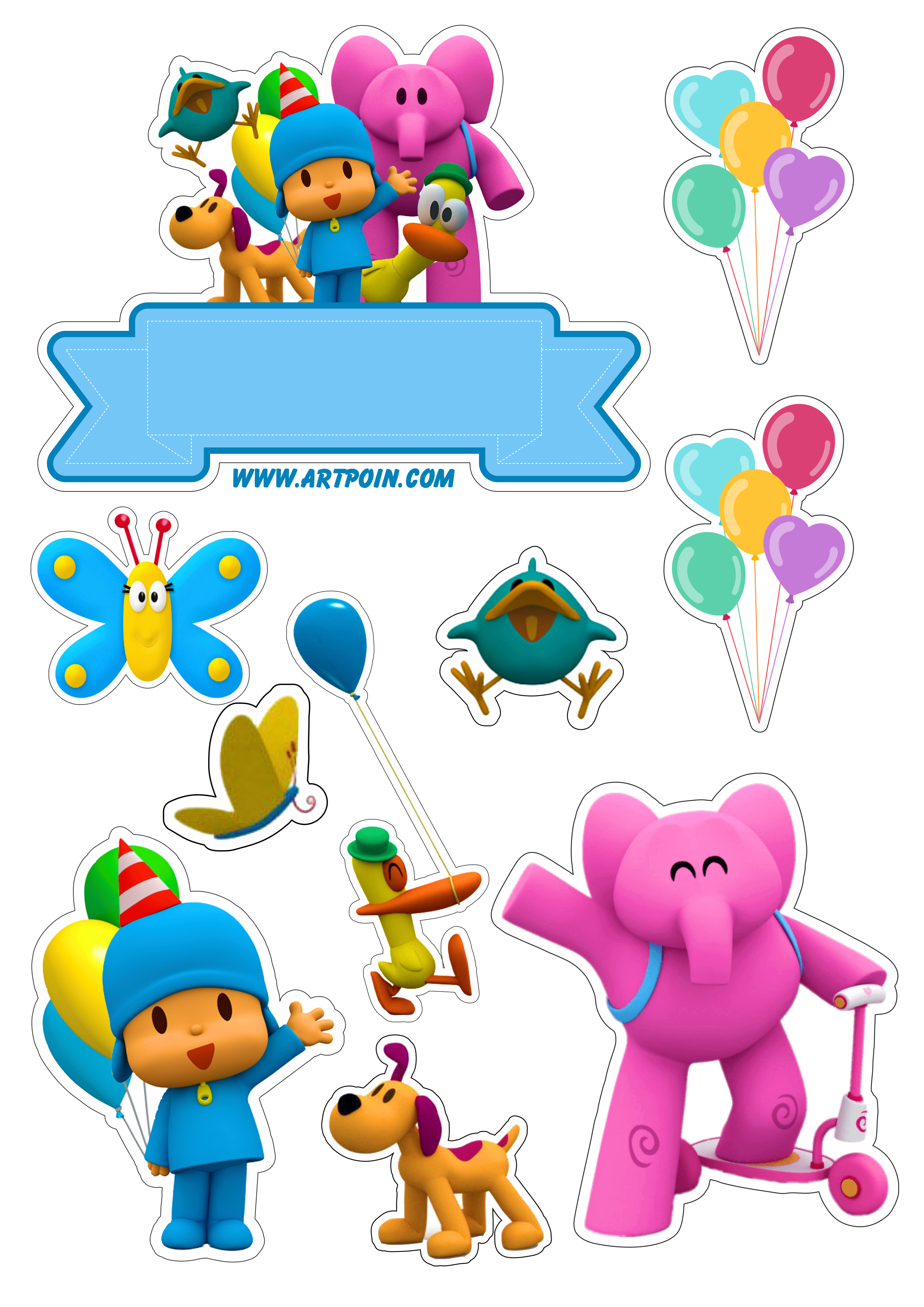 Topo de bolo para imprimir Pocoyo pato elly loula sonequita desenho infantil festa de aniversário balões decoração png