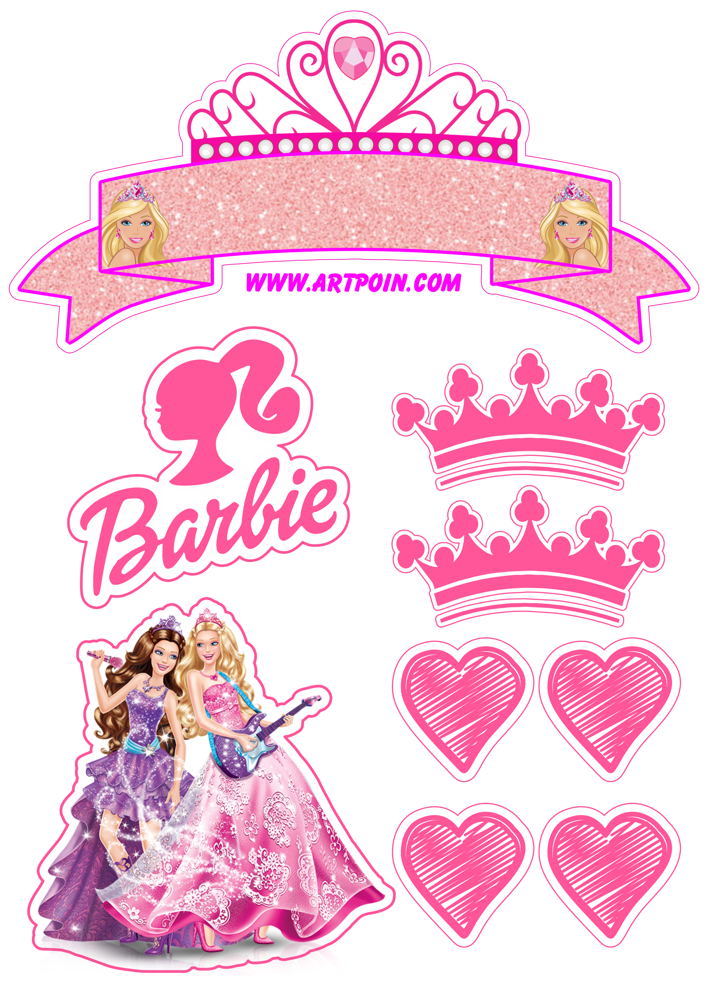 Barbie princesa popstar topo de bolo grátis decoração de festa infantil rosa mimos de papelaria png