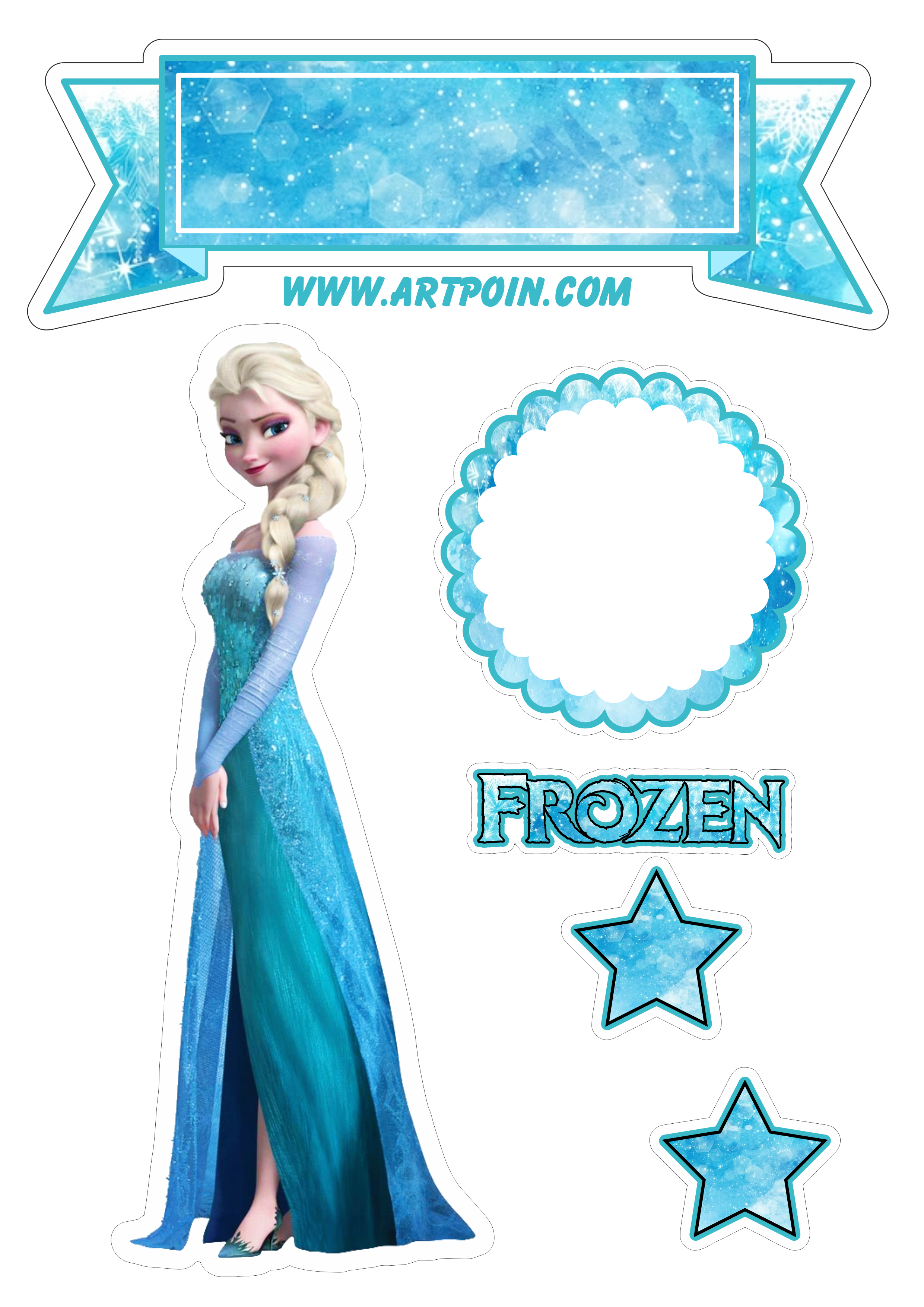 Topo de bolo para imprimir Frozen uma aventura congelante festa de aniversário temática menina infantil Elsa rainha do gelo estrelinhas png