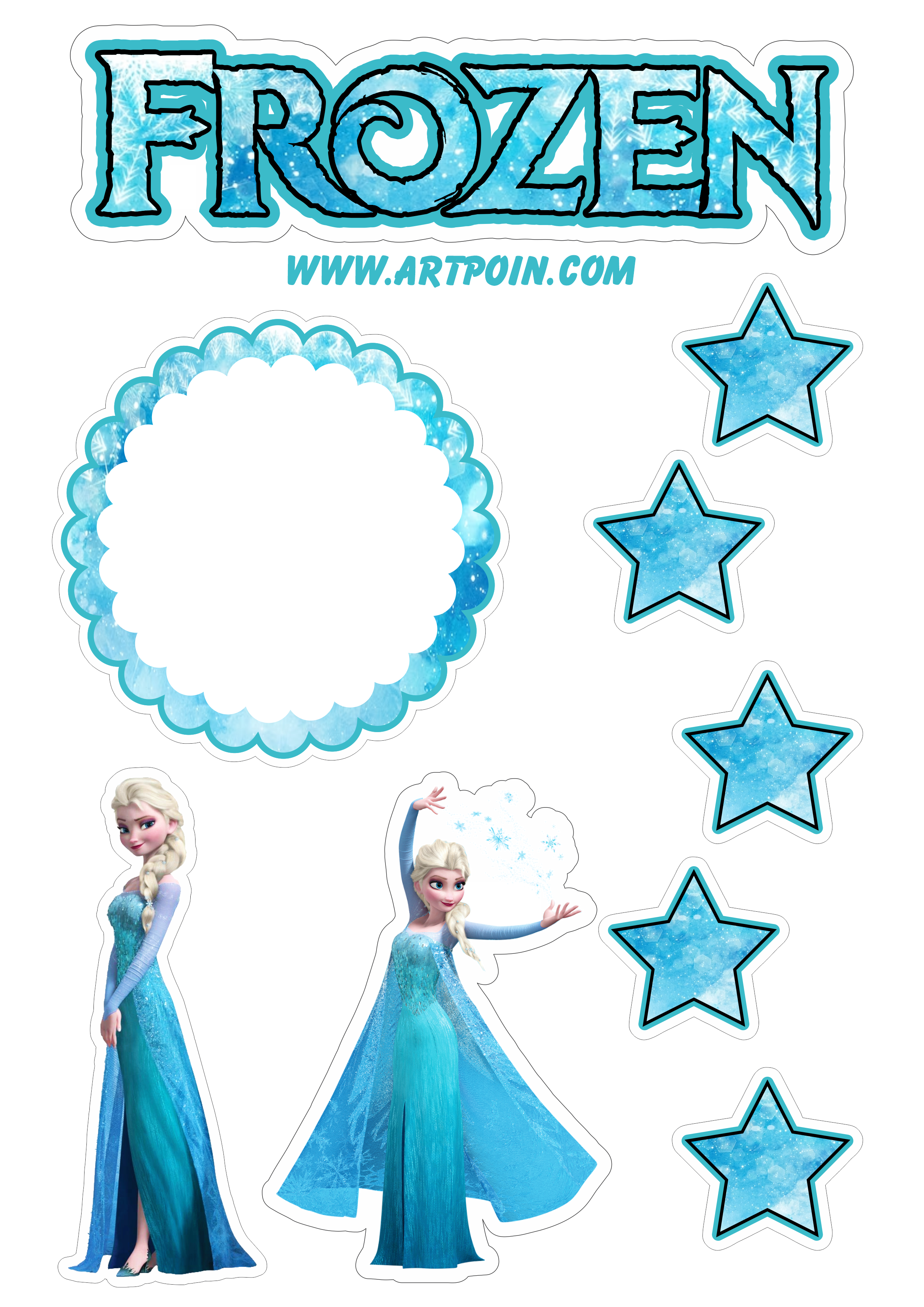 Topo de bolo para imprimir Frozen uma aventura congelante festa de aniversário menina infantil Elsa rainha do gelo estrelinhas papelaria png