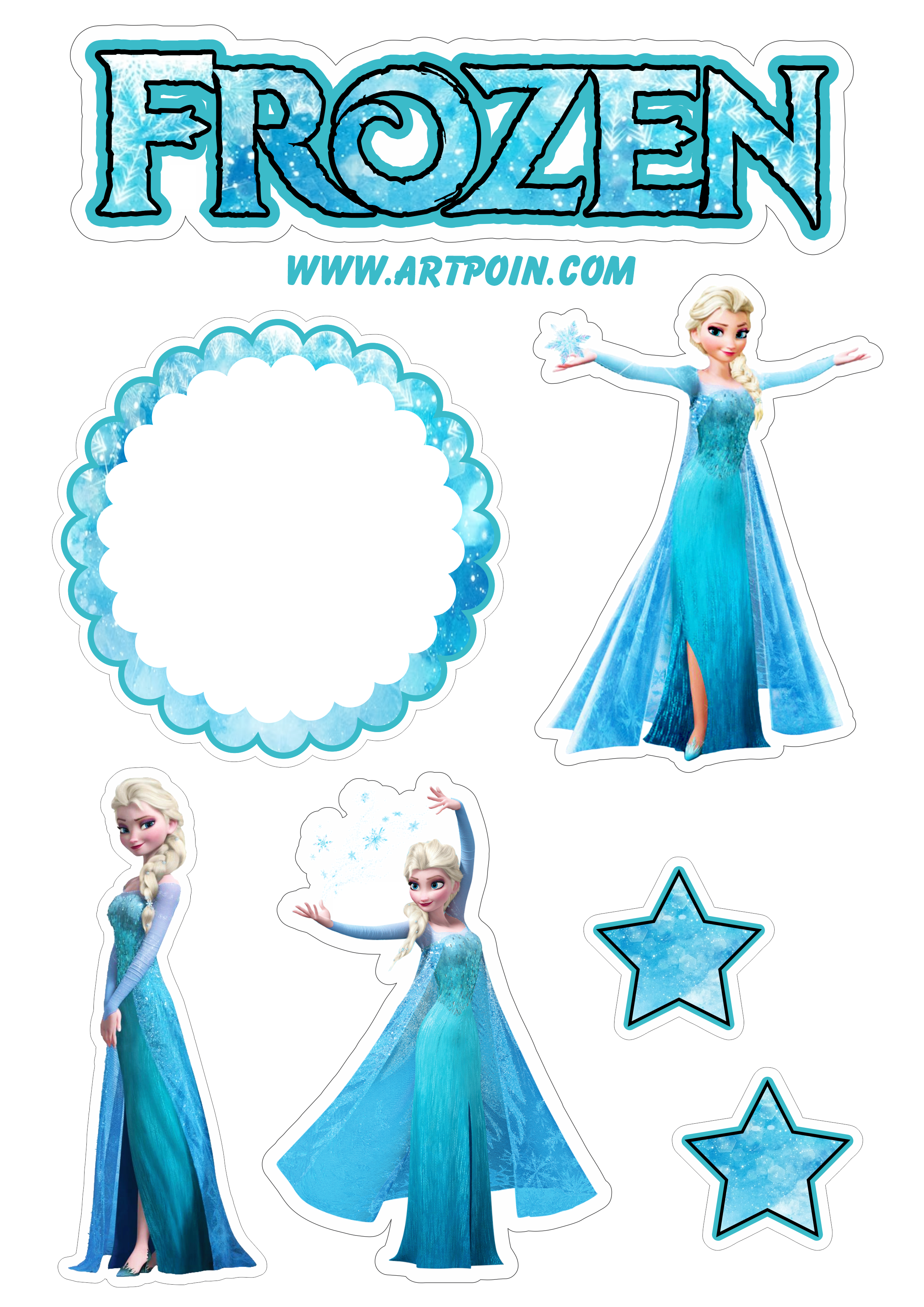 Topo de bolo para imprimir Frozen filme animação festa de aniversário menina infantil Elsa rainha do gelo estrelinhas papelaria png