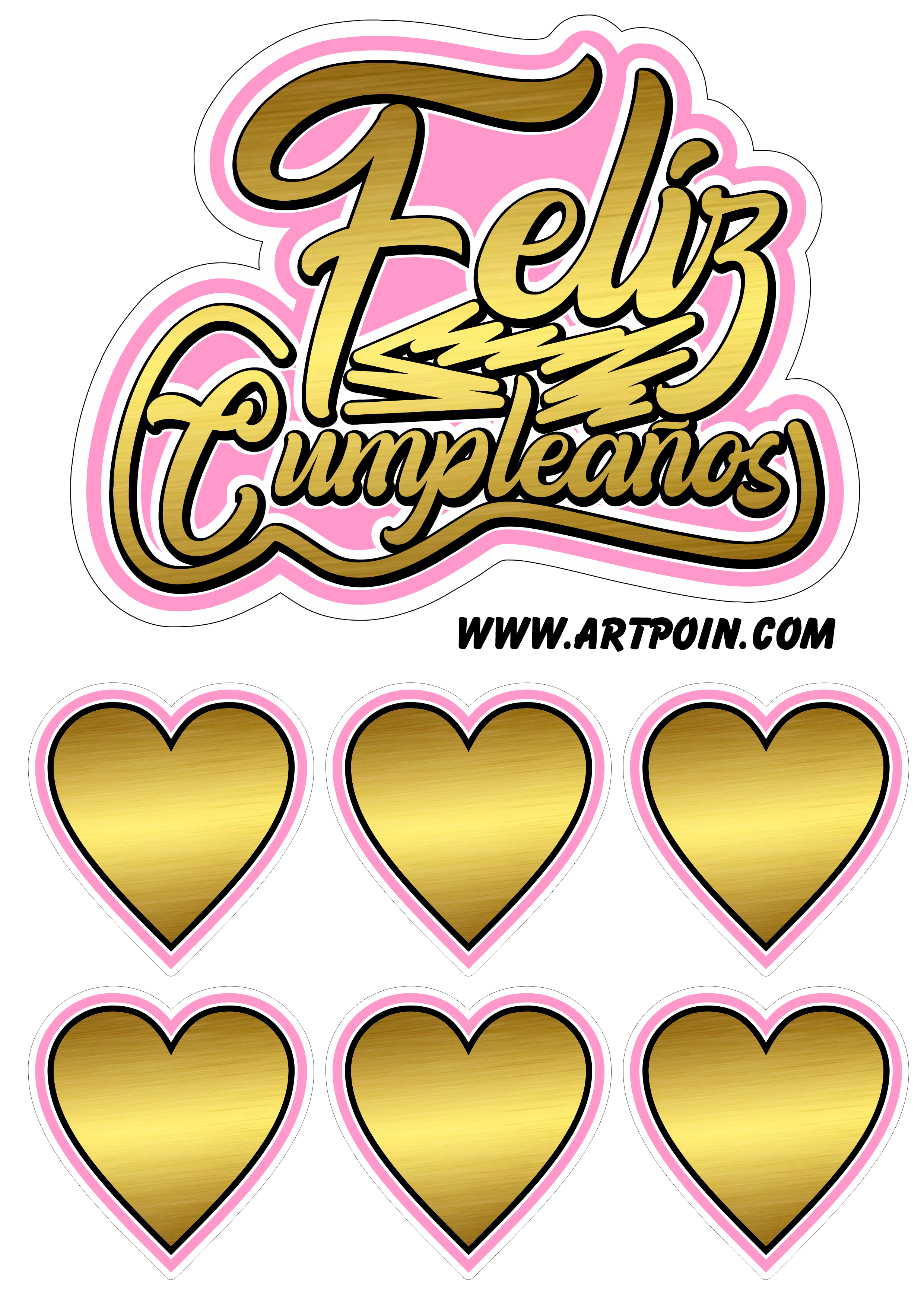 Topper de pastel de feliz cumpleaños imprimible corazón dorado rosa brilant png