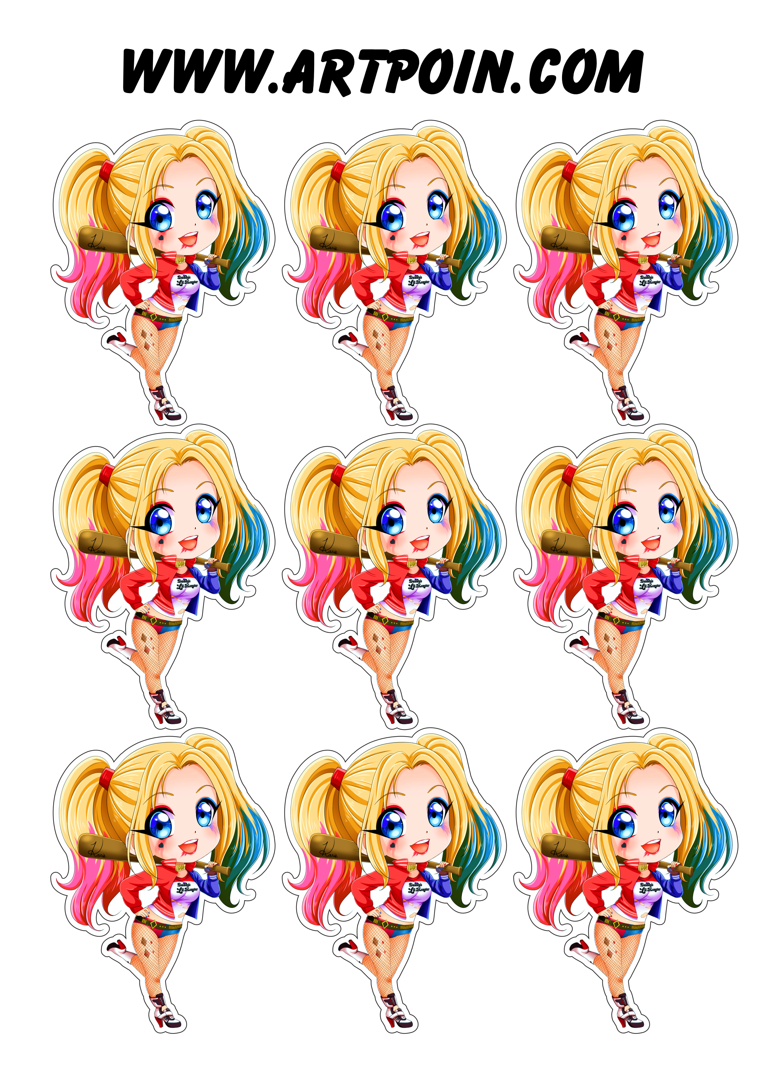 Arlequina Harley Quinn chibi cute desenho simples tags adesivos stickers para impressão e decoração png
