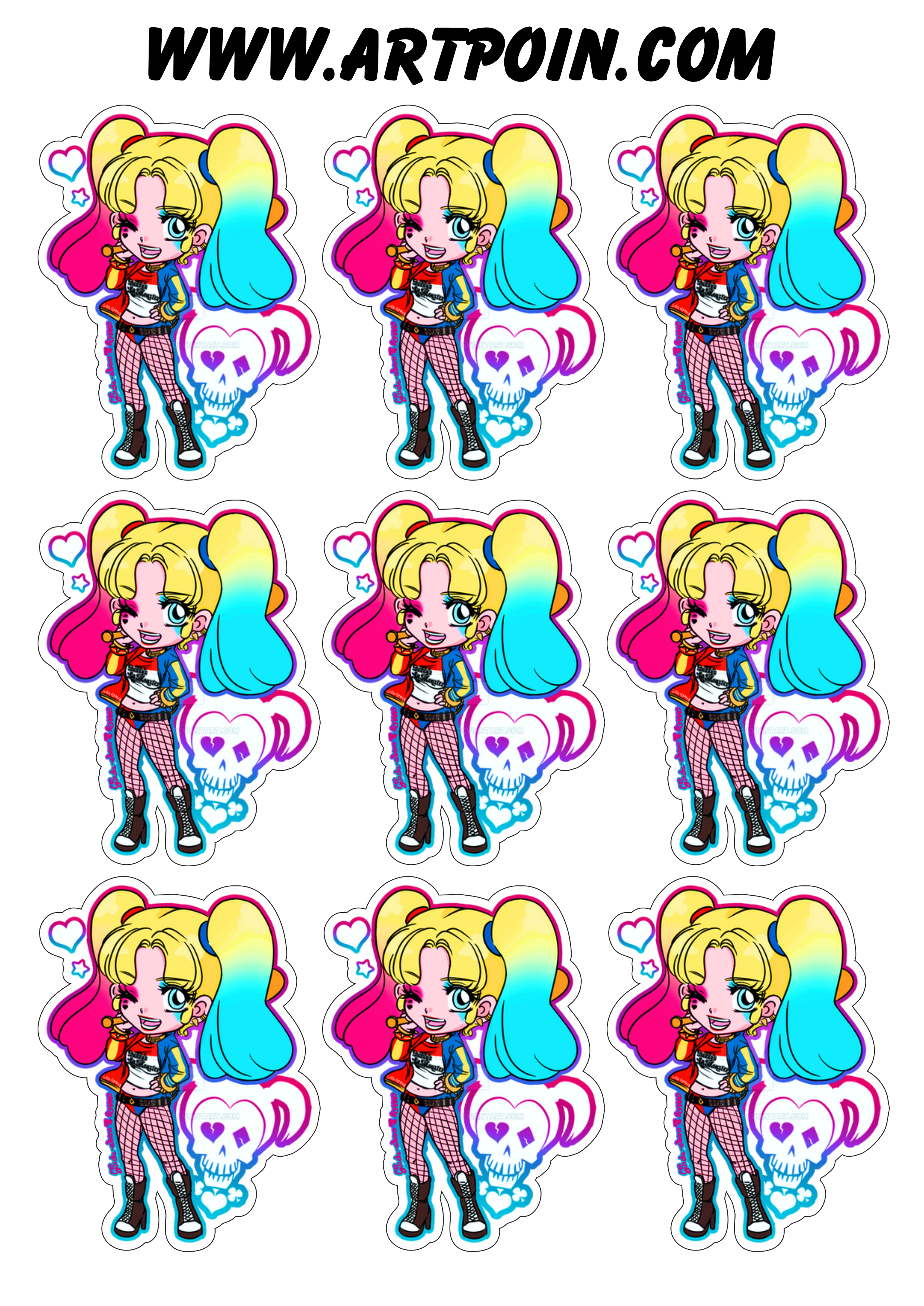 Arlequina Harley Quinn chibi cute desenho simples tags adesivos stickers para impressão e decoração de mimos personalizados png