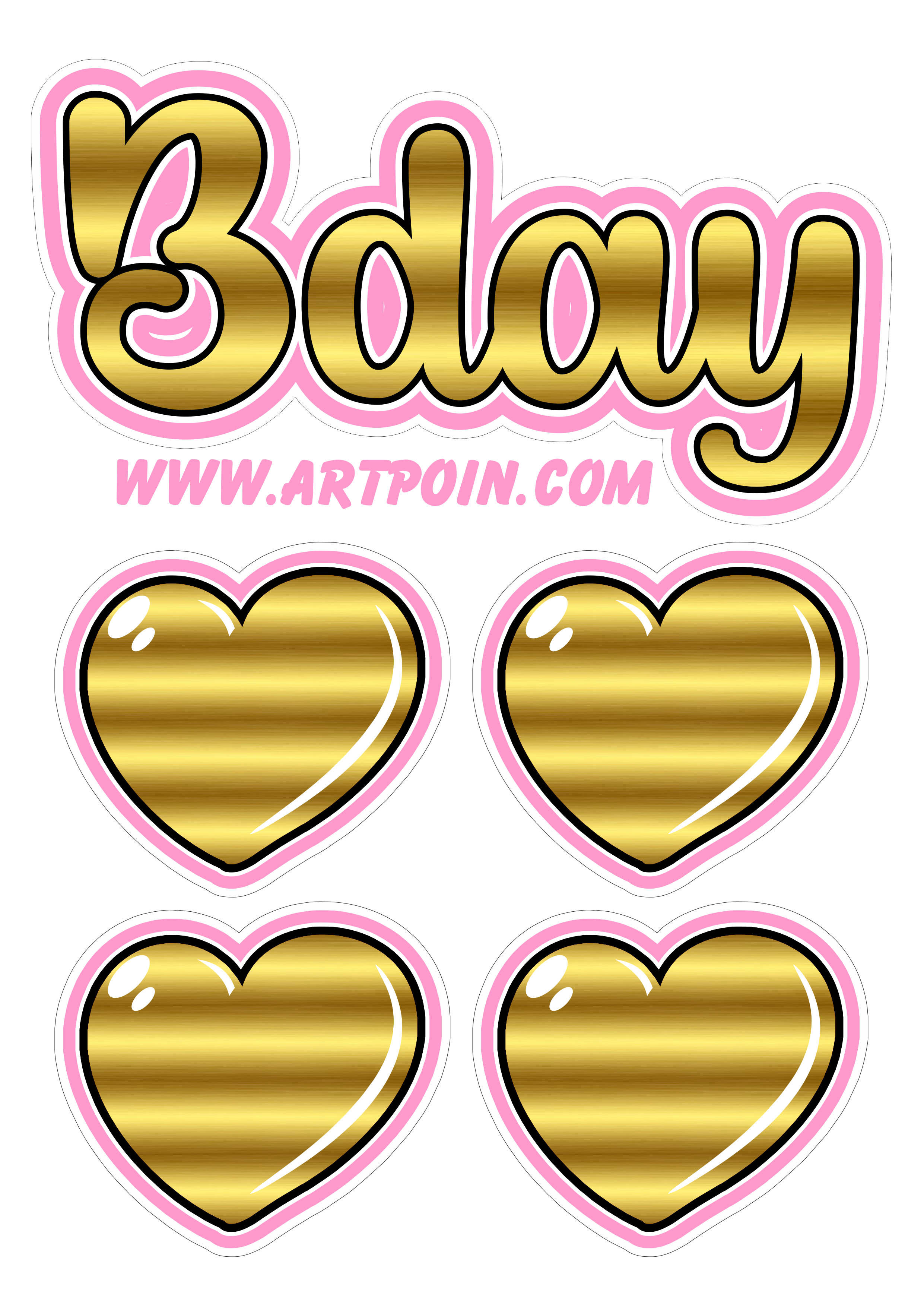 Topo de bolo dourado Bday ideial para decorações de festa de aniversário corações artigos de papelaria png