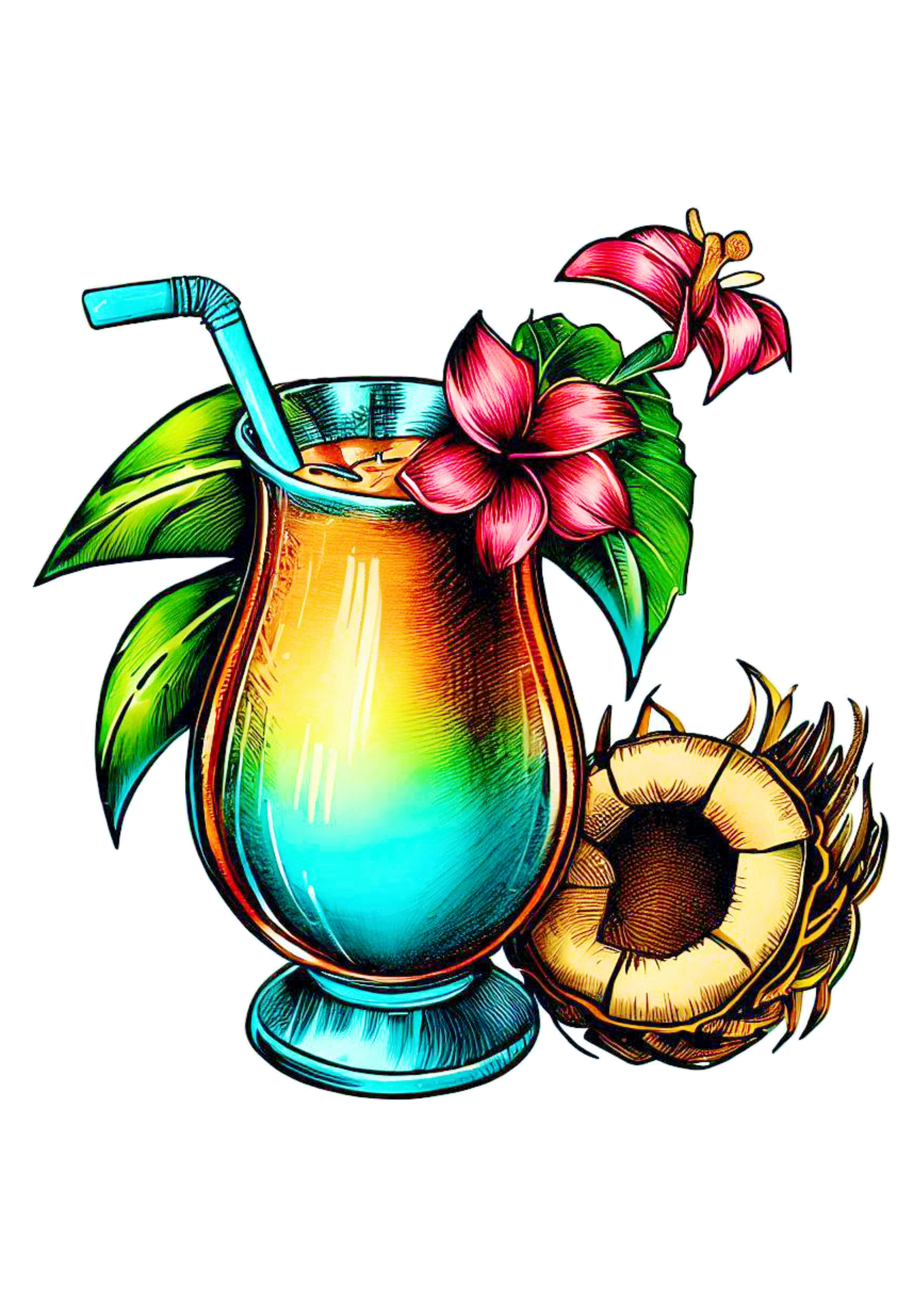 Tardezinha bebida tropical suco de frutas artes gráficas ilustração flores imagem fundo transparente png