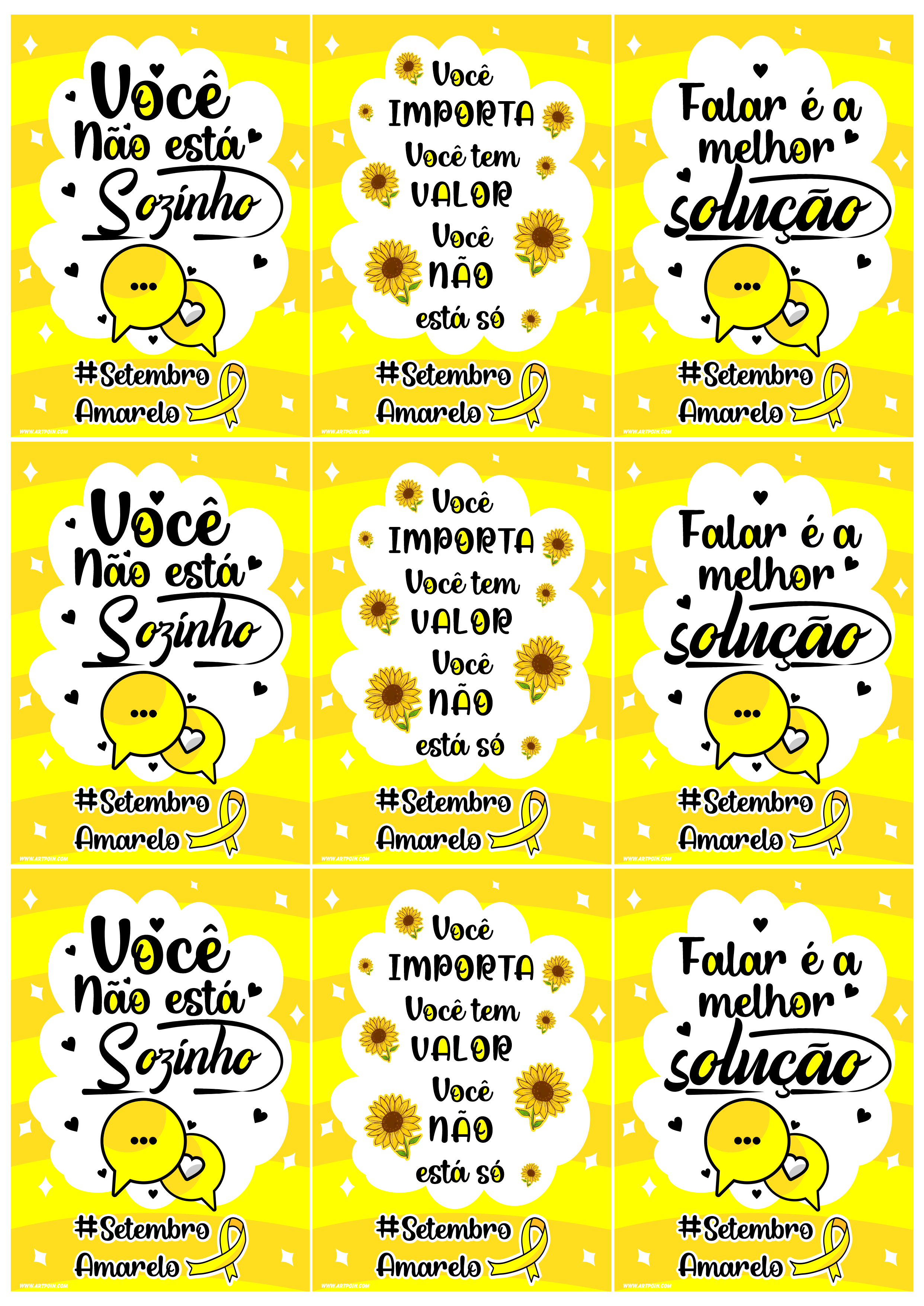 Setembro amarelo cartãozinho com frases variadas 9 imagens png