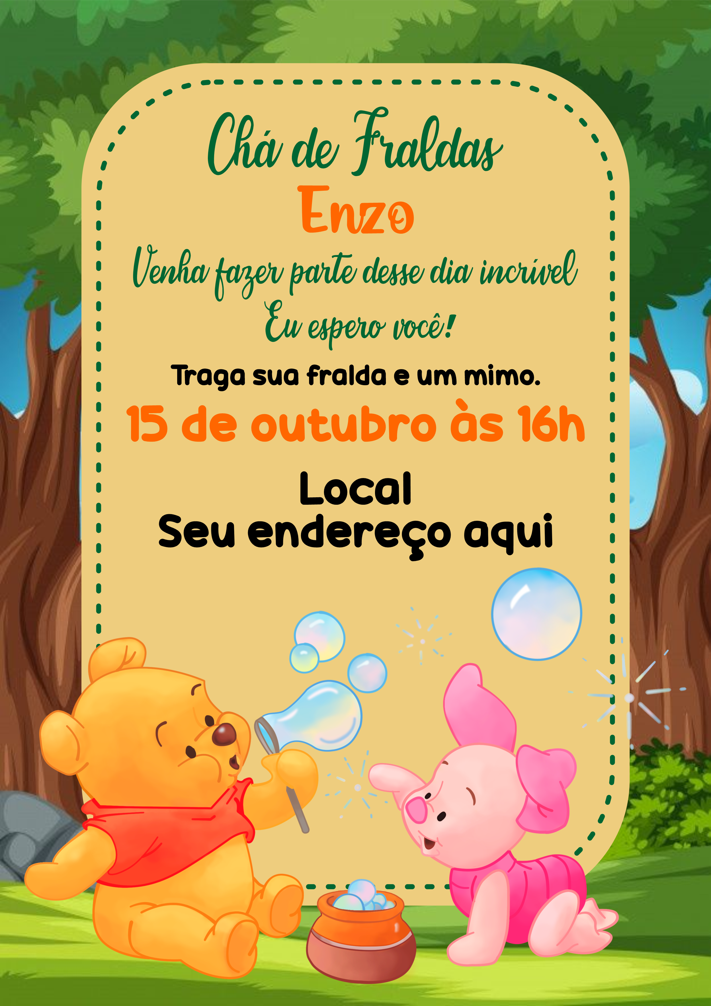 Convite digital ursinho Pooh modelo ideal para chá de fraldas e festinha de aniversário infantil grátis artigos de papelaria png