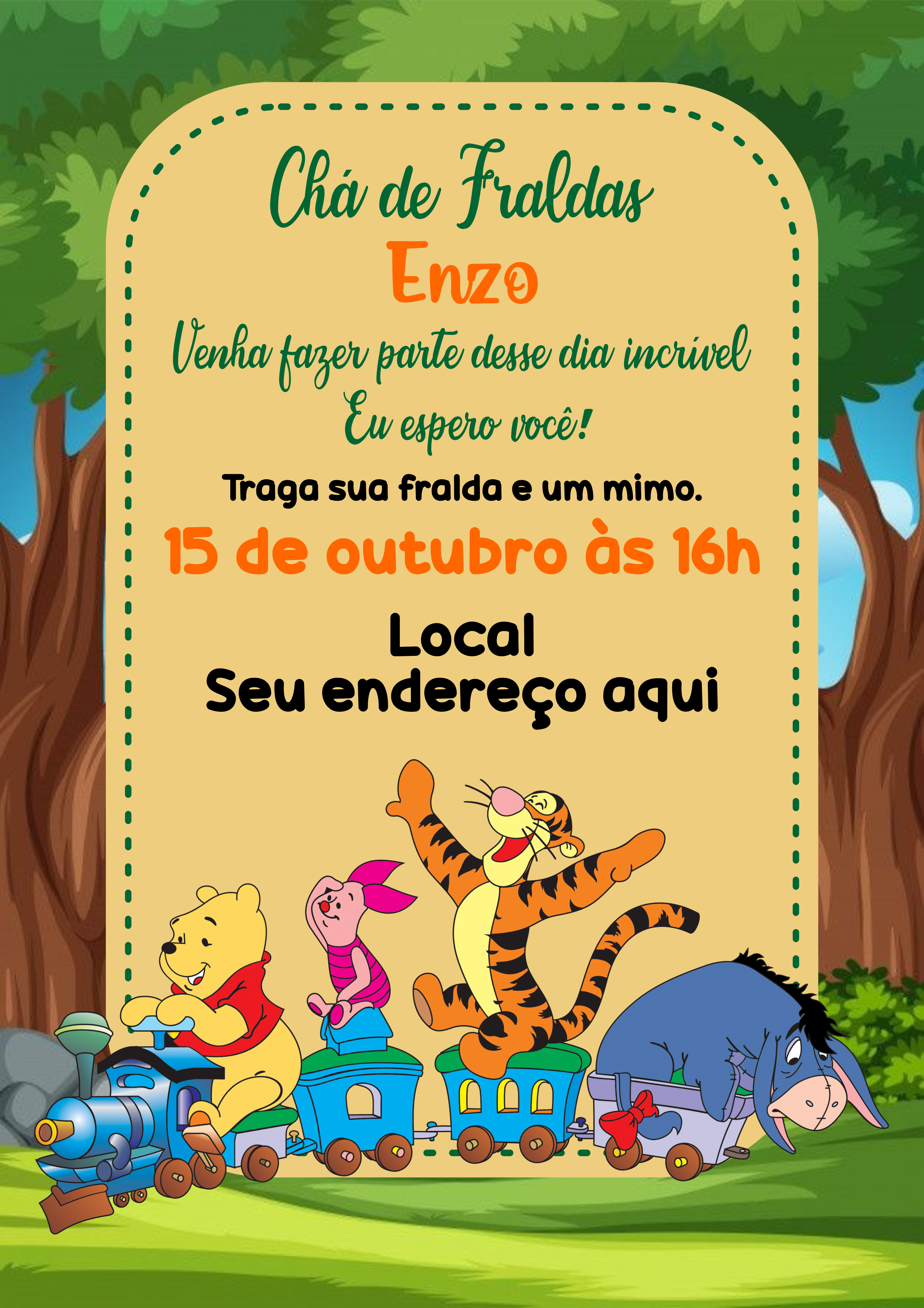 Convite digital ursinho Pooh modelo ideal para chá de fraldas e festinha de aniversário infantil grátis artigos de papelaria renda extra png