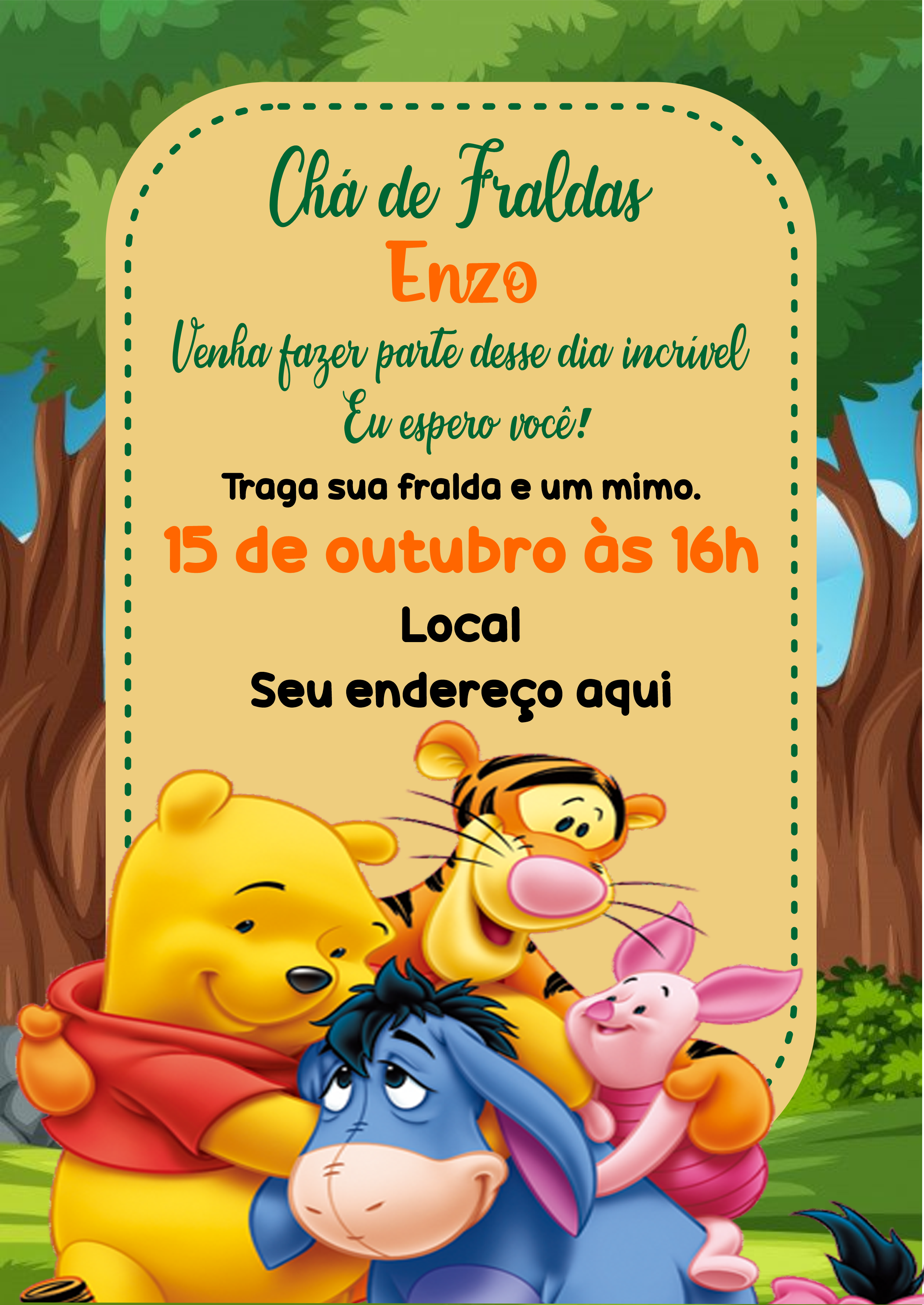 Convite digital ursinho Pooh modelo ideal para chá de fraldas png