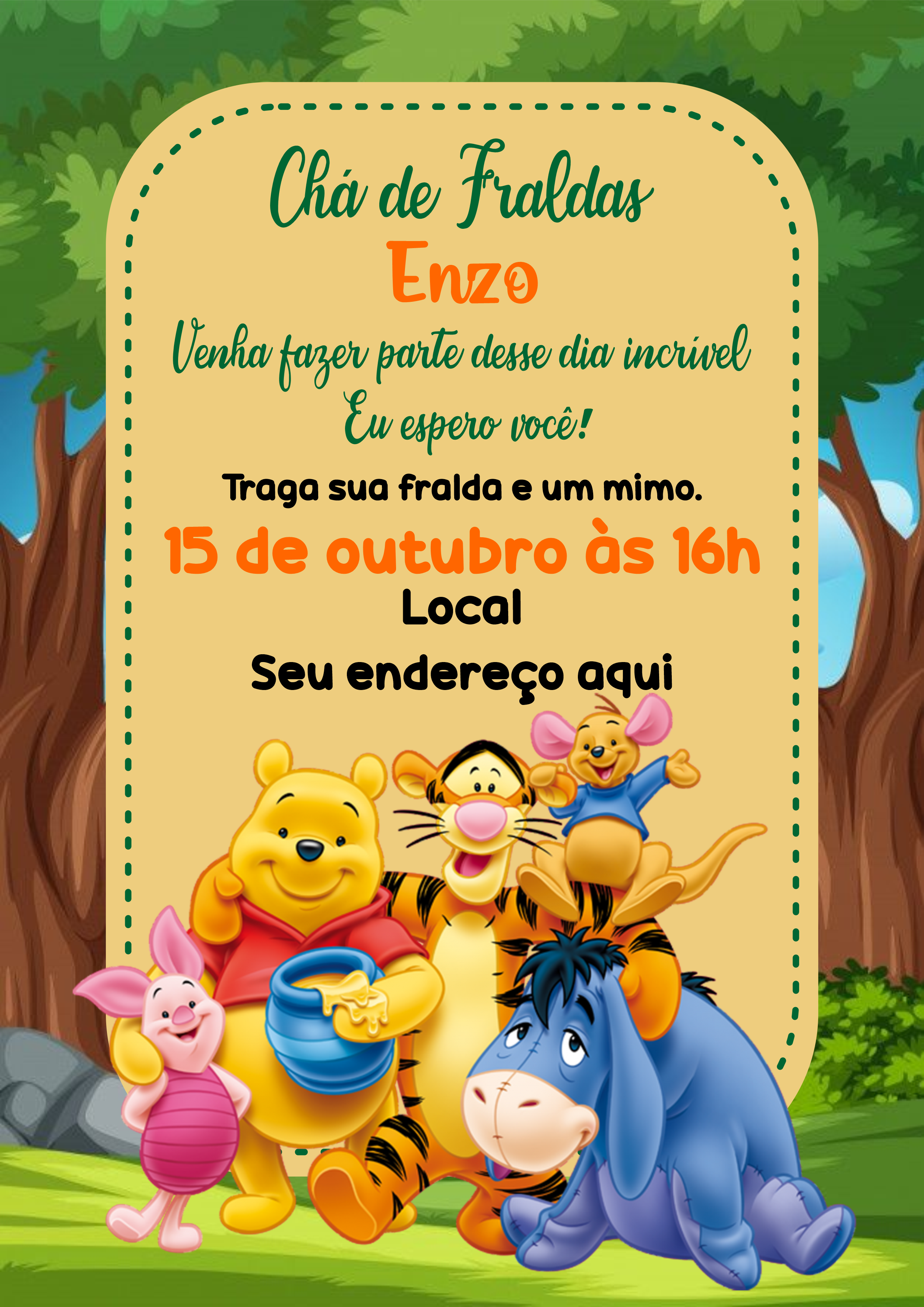 Convite digital ursinho Pooh modelo ideal para chá de fraldas e festinha de aniversário png