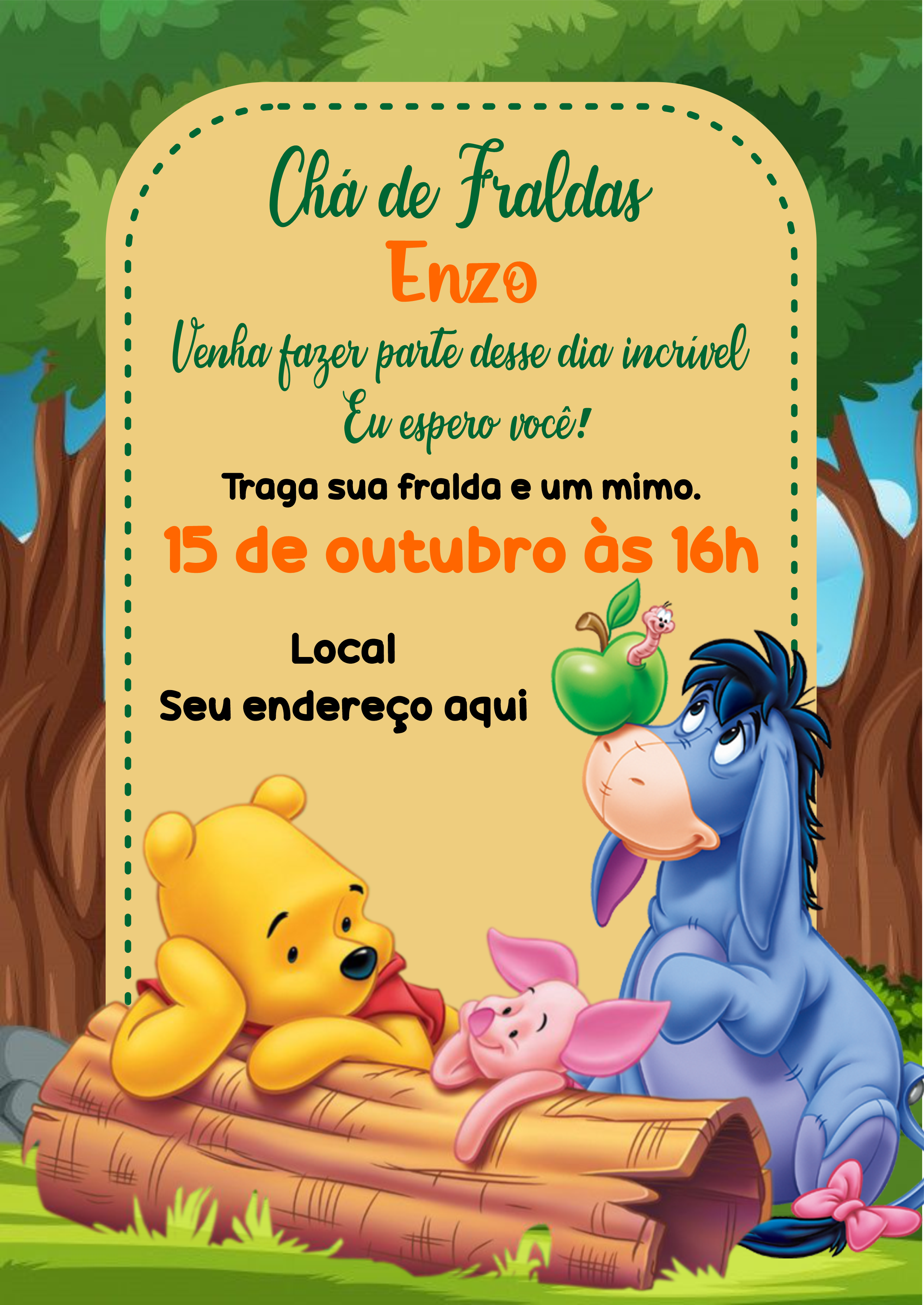 Convite digital ursinho Pooh modelo ideal para chá de fraldas e festinha de aniversário infantil png