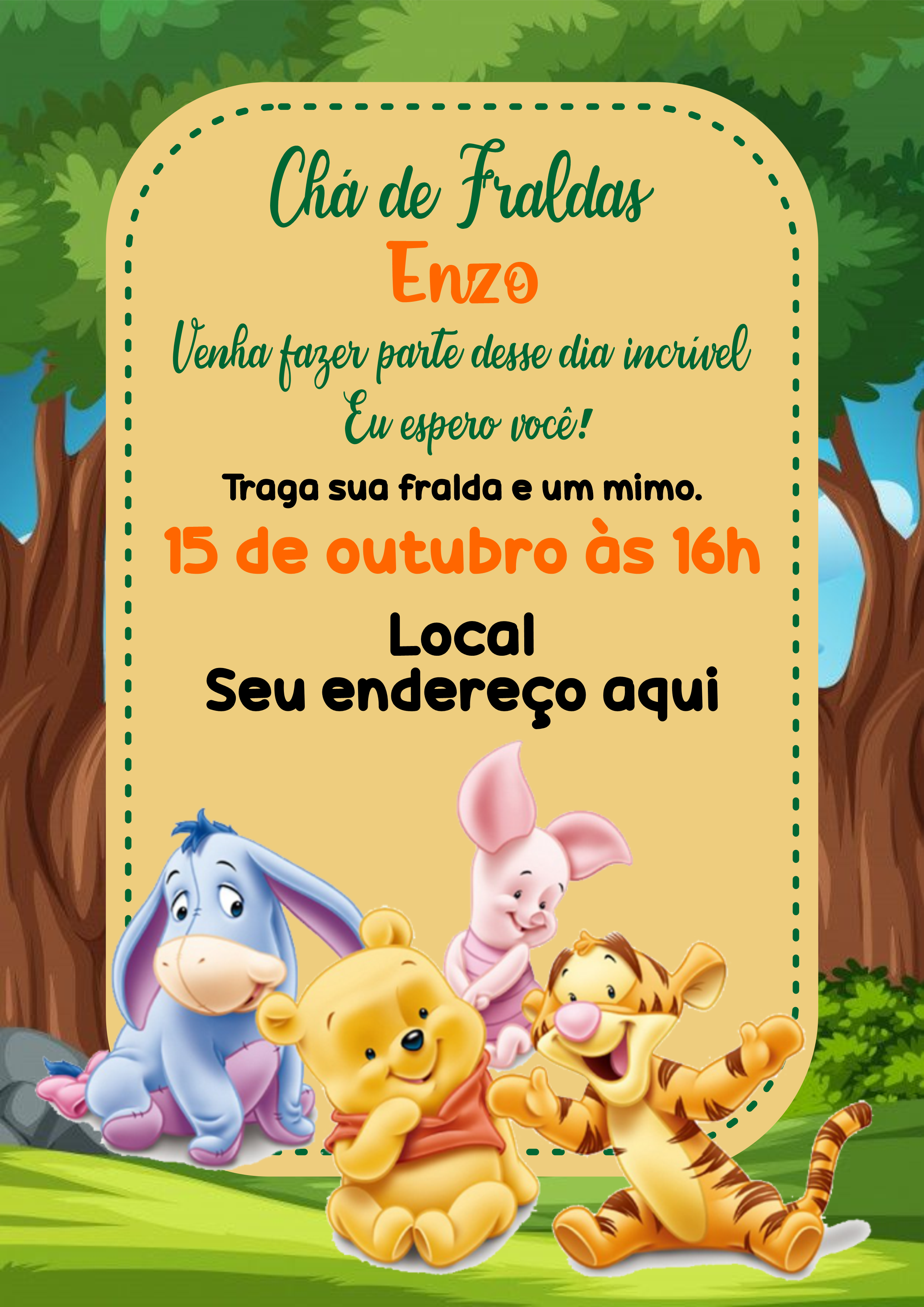 Convite digital ursinho Pooh modelo ideal para chá de fraldas e festinha de aniversário infantil grátis png