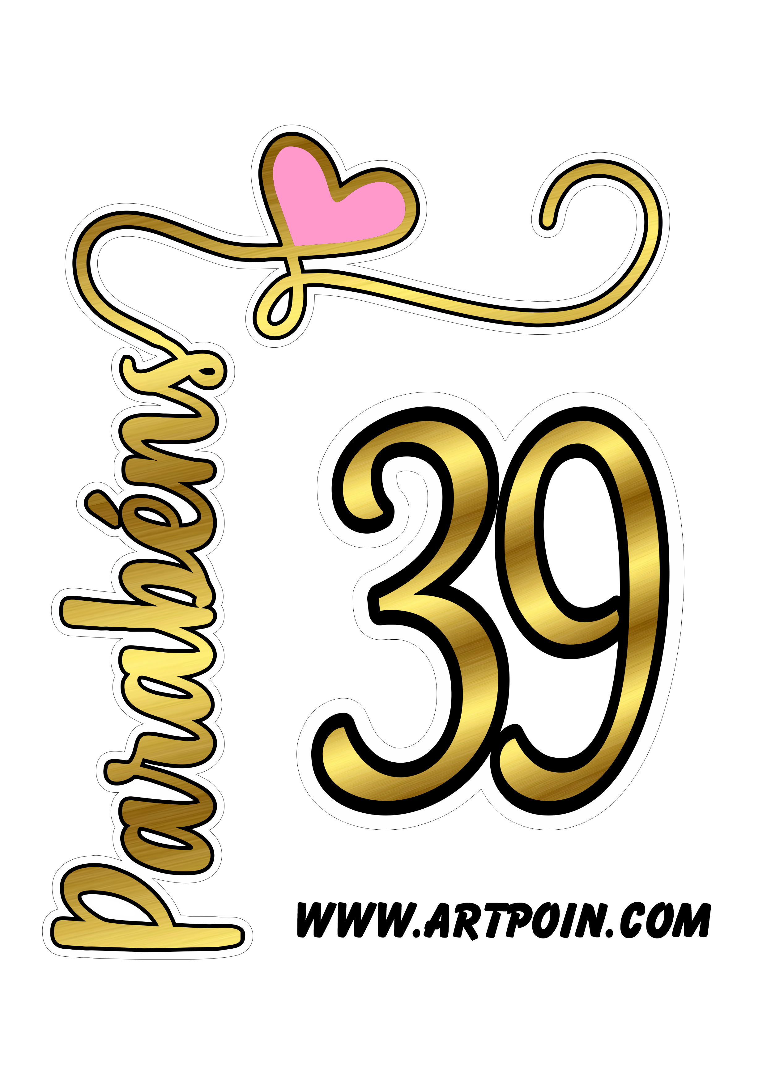 Topo de bolo parabéns dourado com rosa 39 anos png