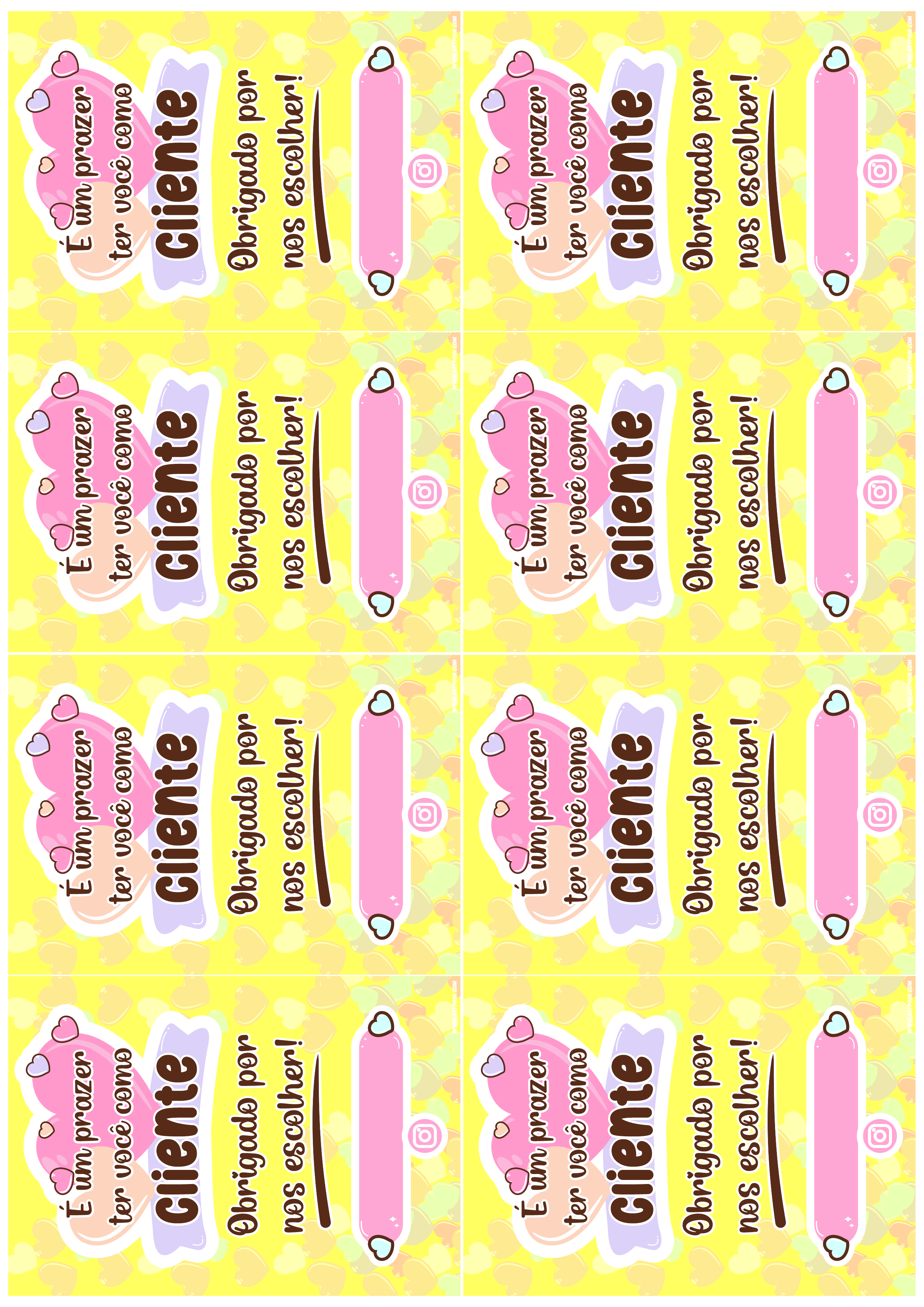Cartão de agradecimento para lojinhas de instagram é um prazer ter você como cliente amarelo com rosa colorido 8 imagens png
