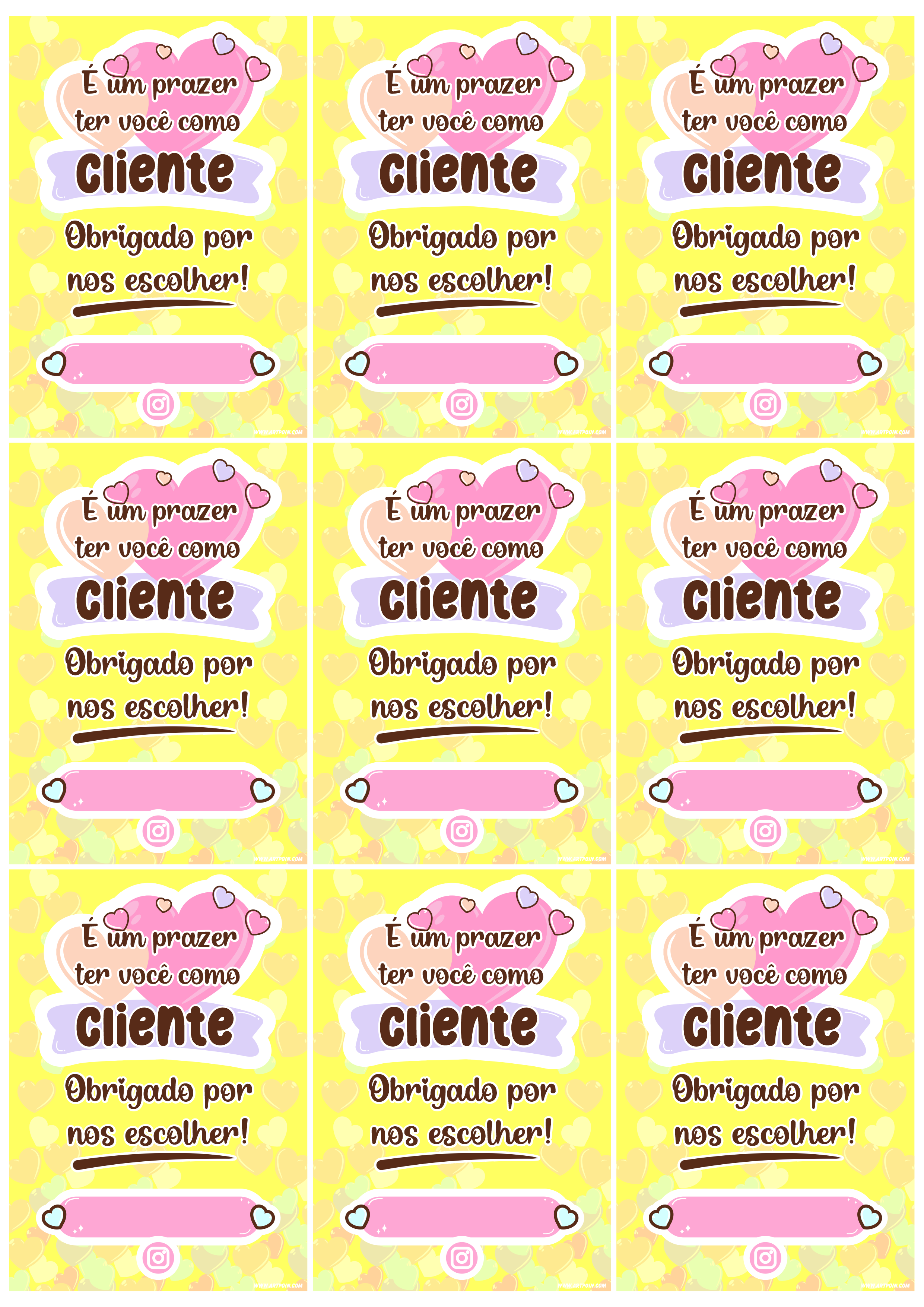 Cartão de agradecimento para lojinhas de instagram é um prazer ter você como cliente amarelo com rosa colorido 9 imagens png