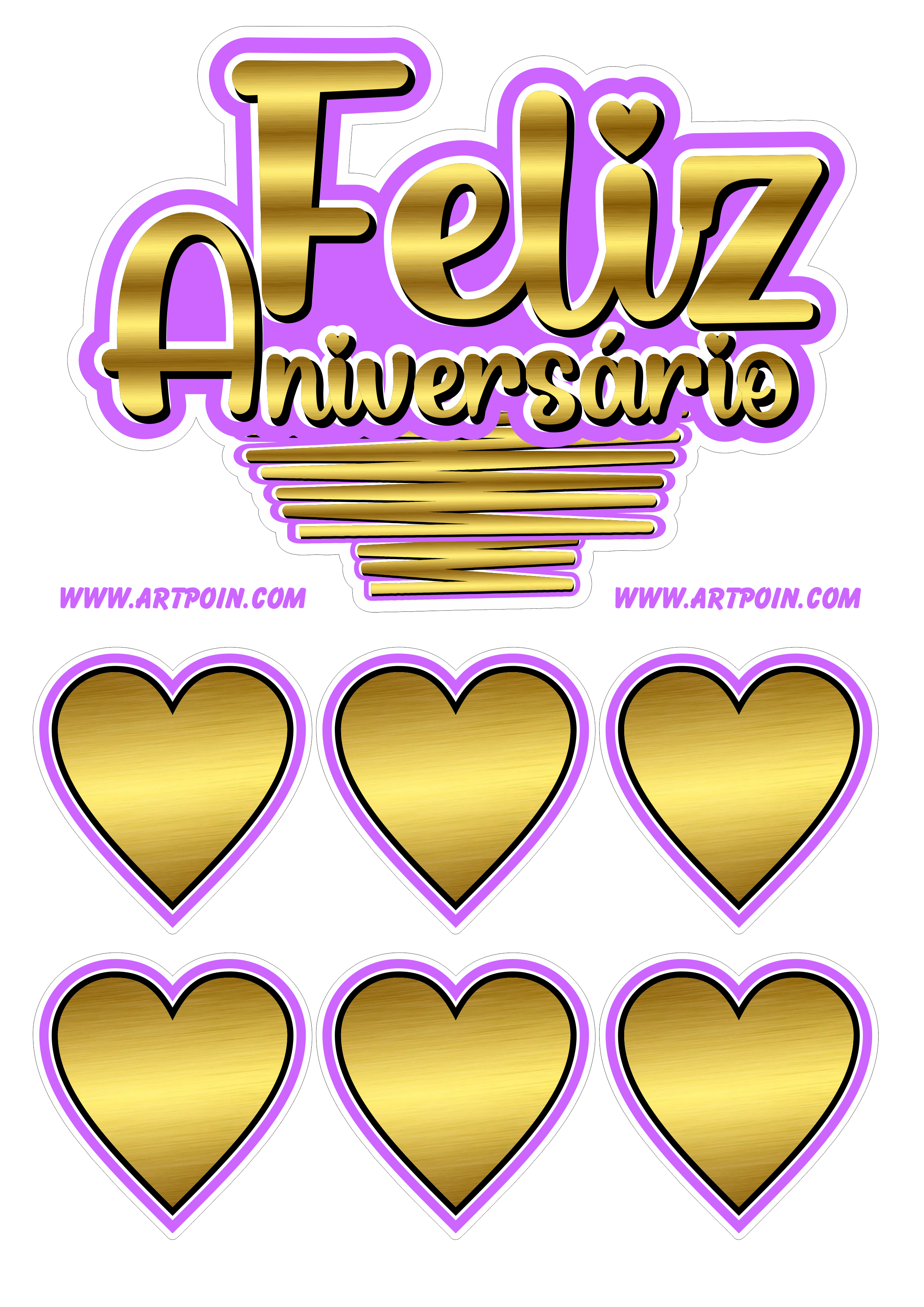 Feliz aniversário topo de bolo dourado com lilás corações artigos de papelaria png