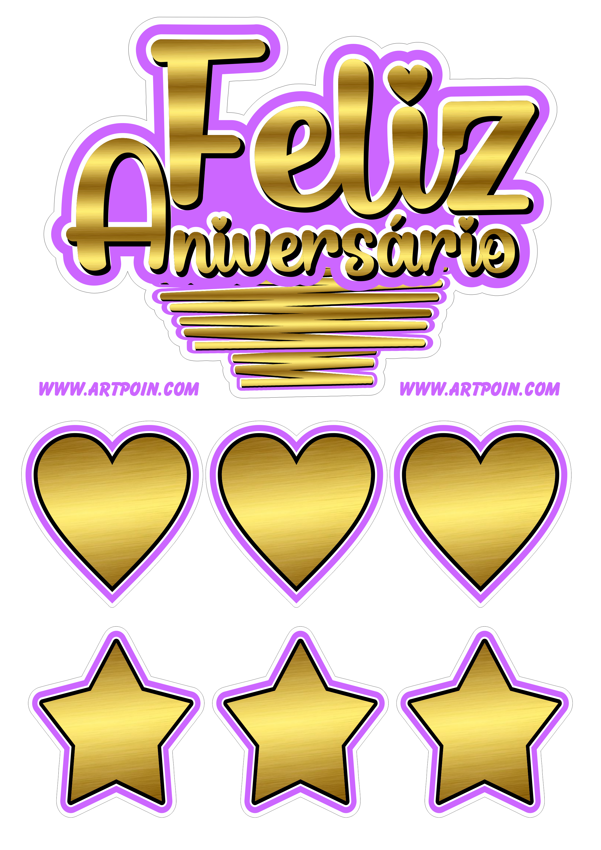 Feliz aniversário topo de bolo dourado com lilás corações e estrelas artigos de festa png