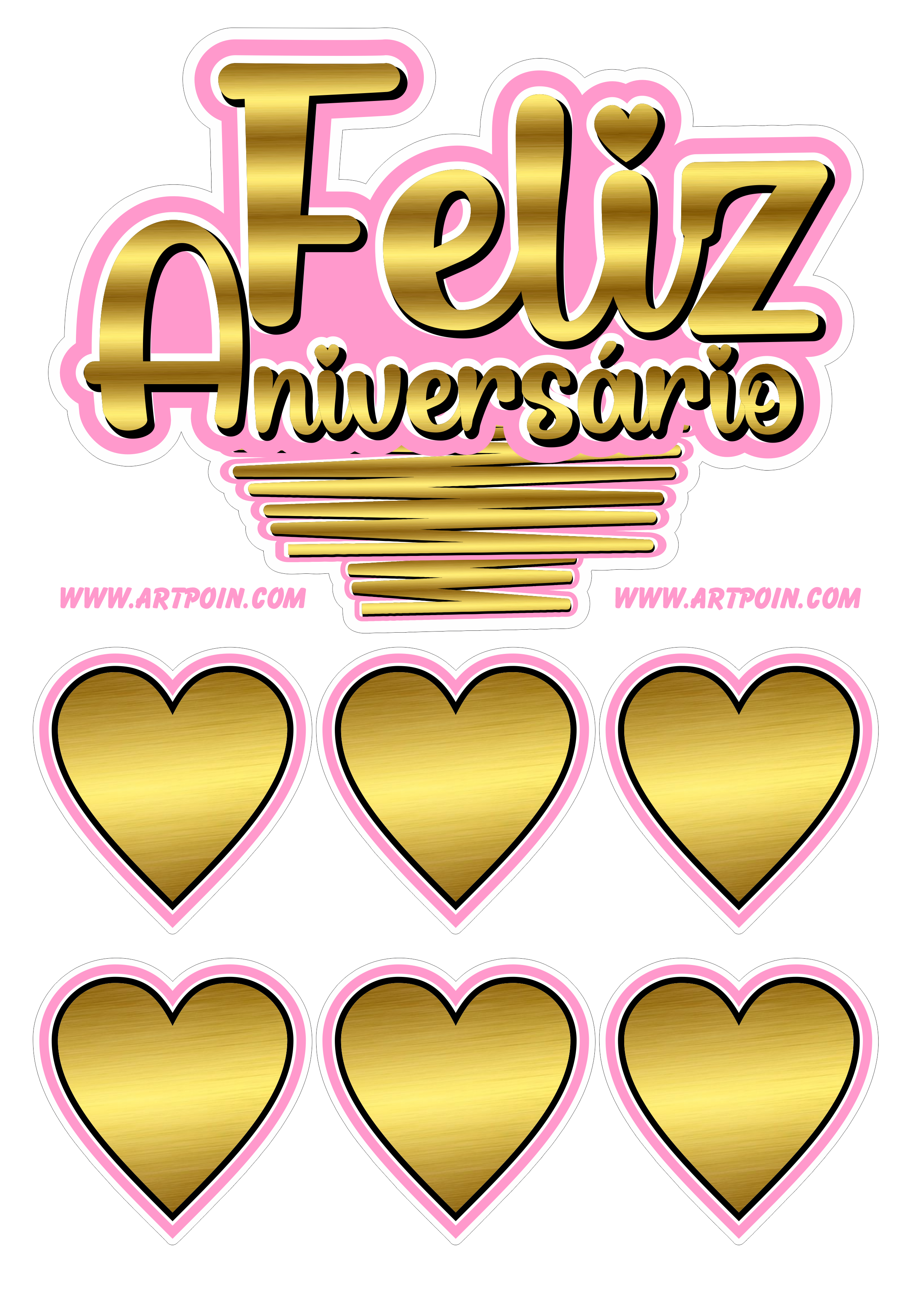 Feliz aniversário topo de bolo dourado com rosa corações artigos de papelaria png