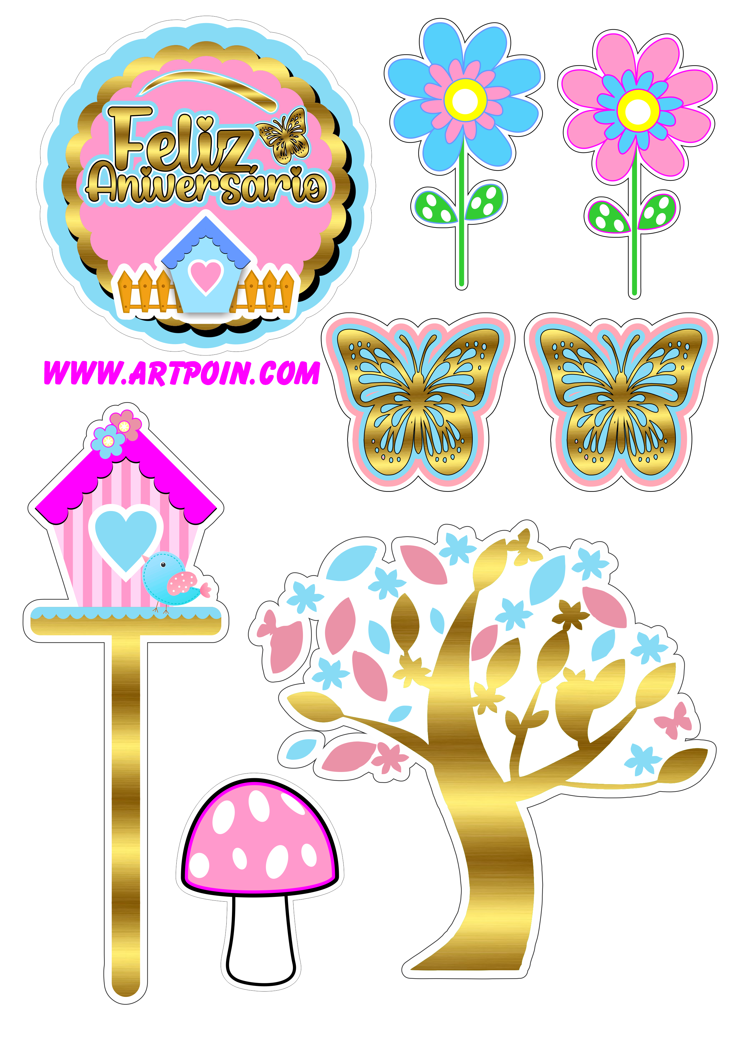 Topo de bolo para imprimir Jardim fazendo a nossa festa decoração completa colorida feliz aniversário árvore aquarela png