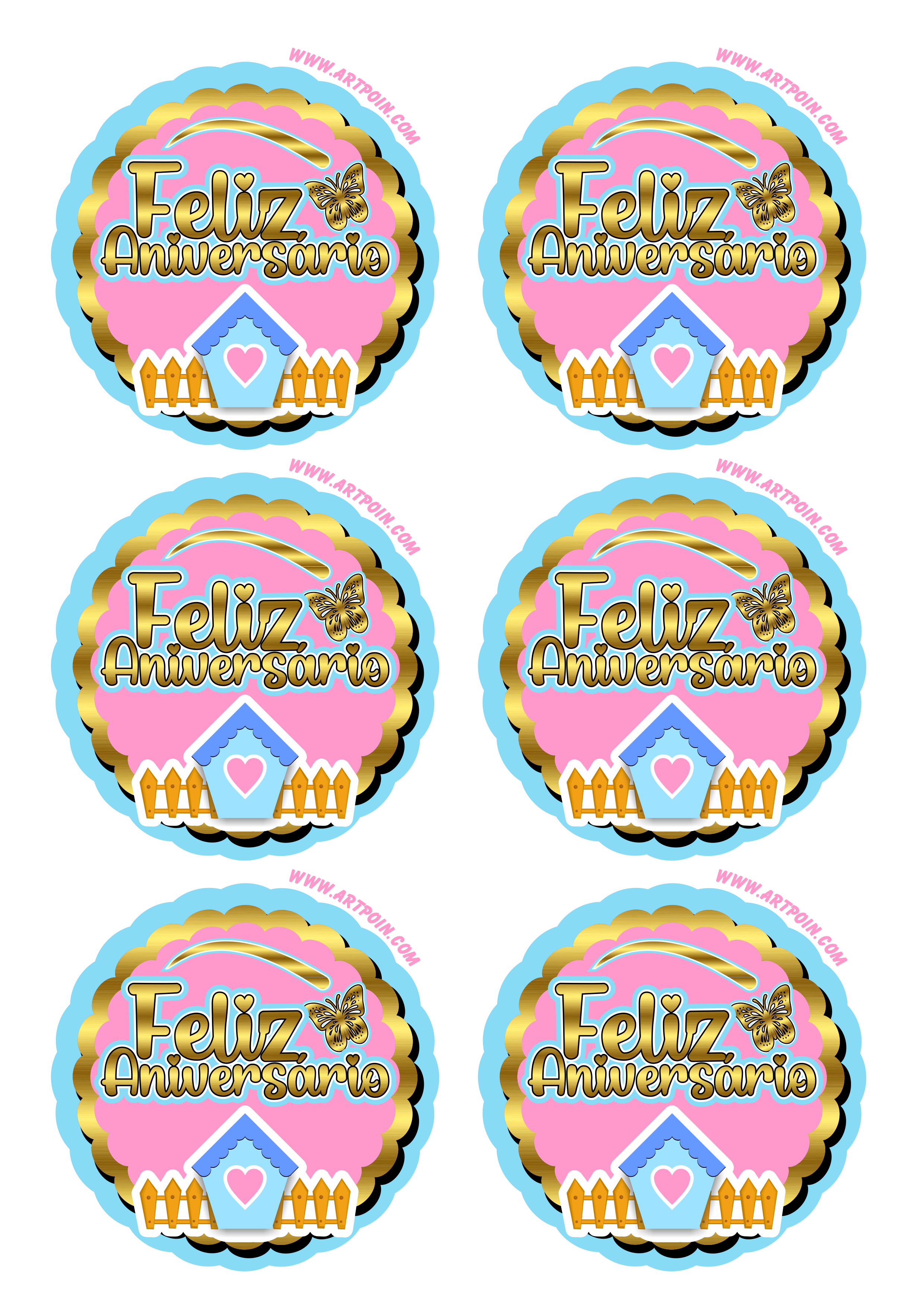 Jardim encantado feliz aniversário dourado azul e rosa com casinha borboleta adesivo tag sticker painel 6 imagens png