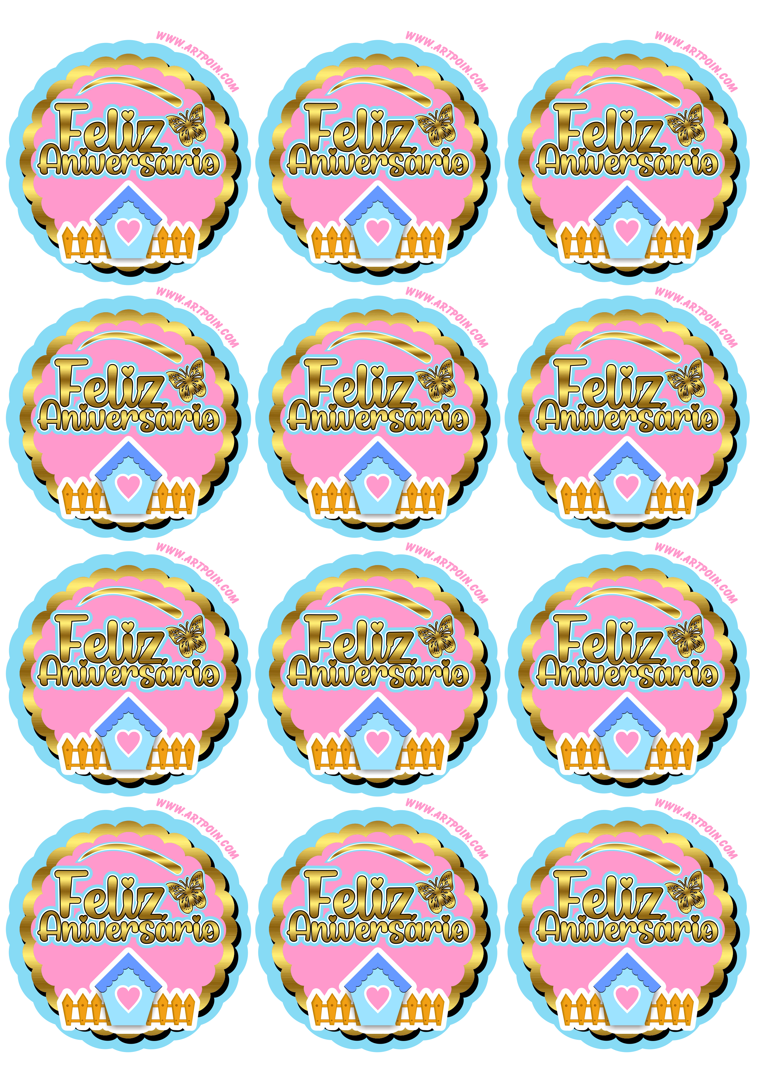 Jardim encantado feliz aniversário dourado azul e rosa com casinha borboleta adesivo tag sticker painel 12 imagens png